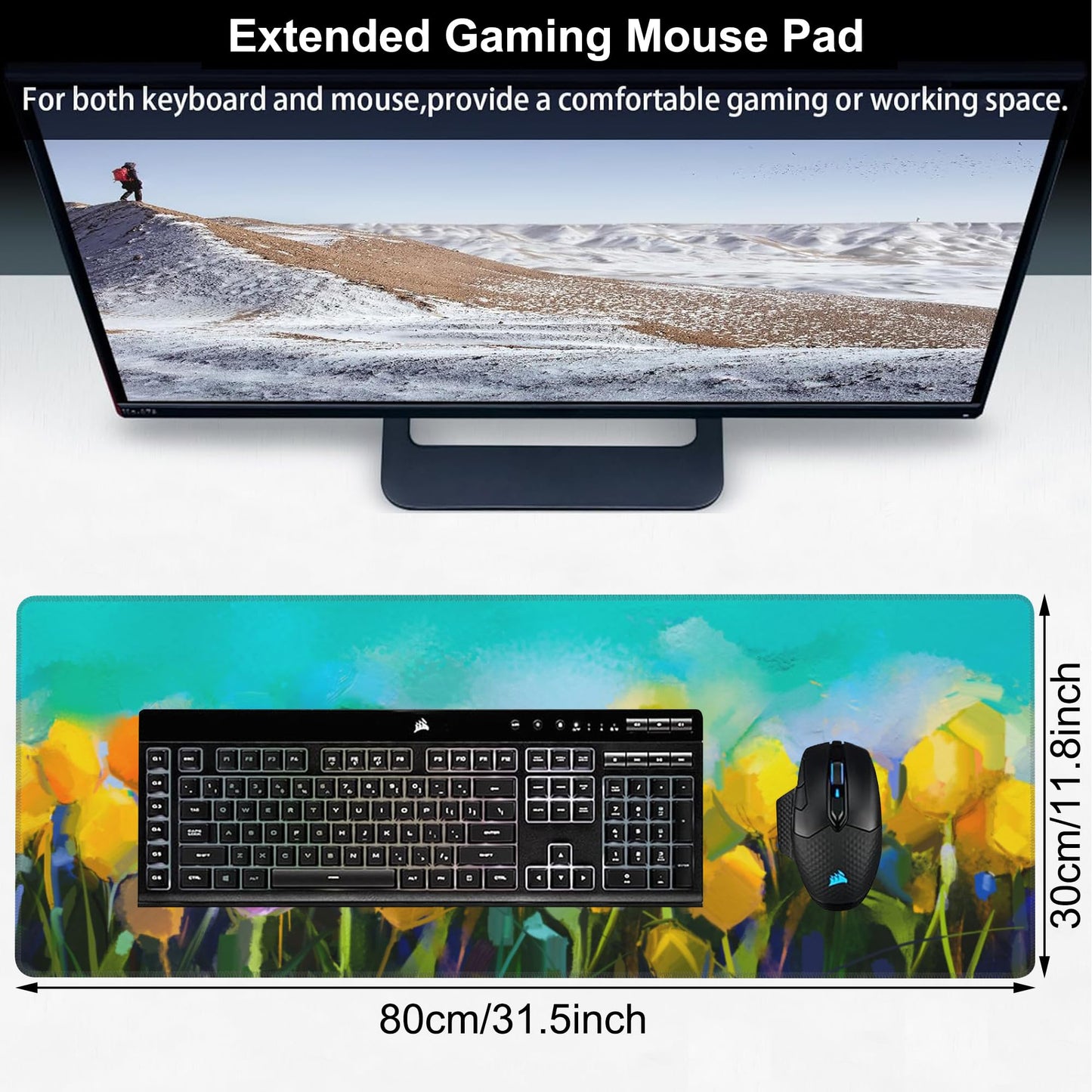 Tulips Flowers Desk Mat,Large Yellow and Violet Tulip Flowers Gaming Keyboard Mouse Pad,Non-Slip