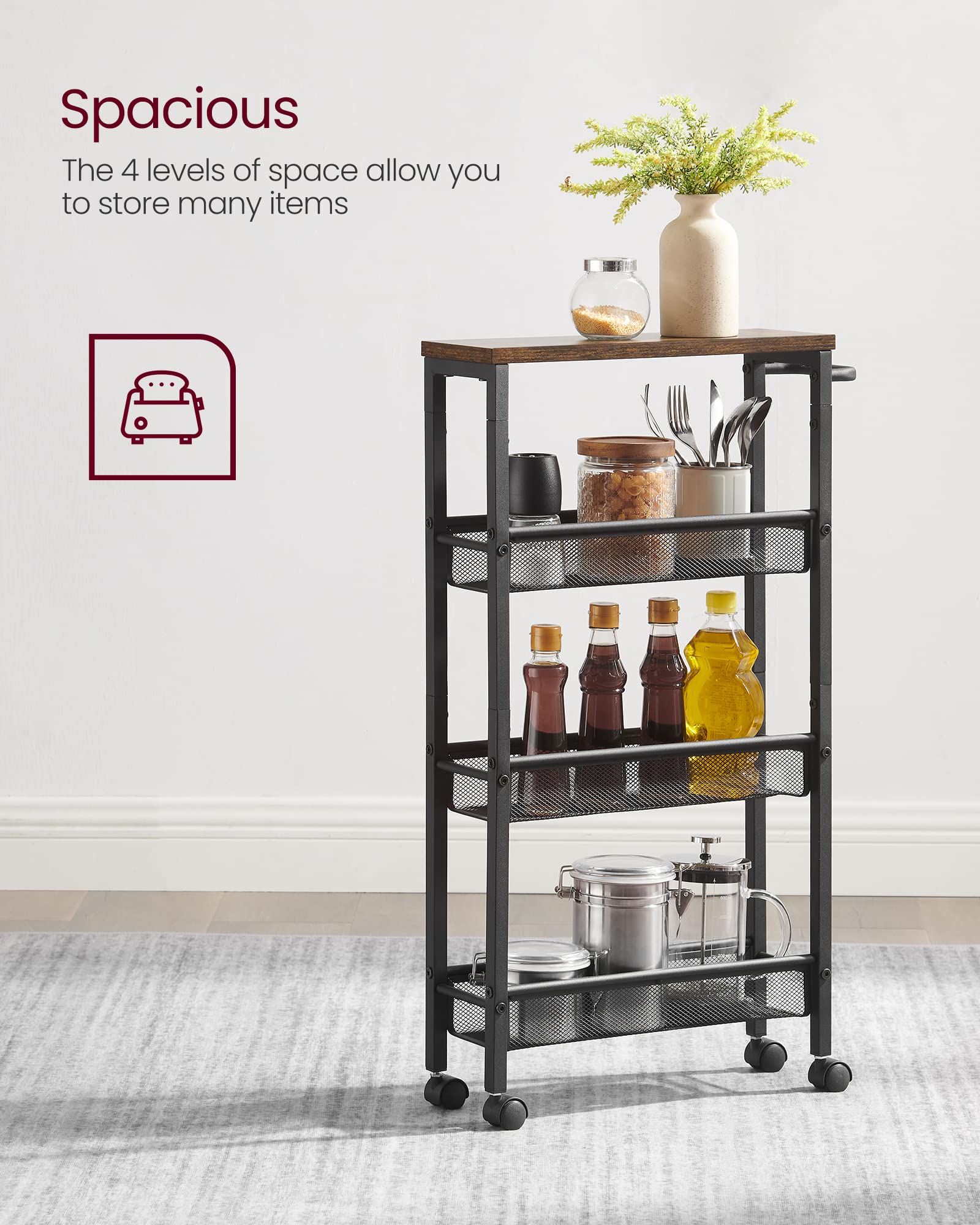 VASAGLE 4-Tier Slim Rolling Storage cart with Wheels, 5.1 Inches, Metal