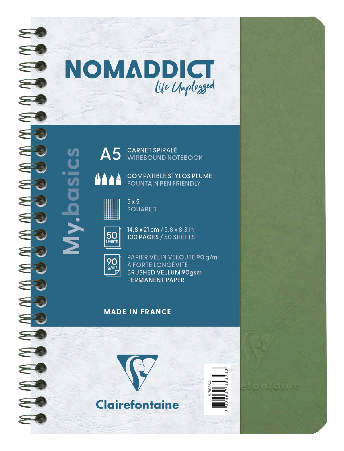 Clairefontaine A5 Age Bag Essential Wire Bound Notebook, 5/5 Square Ruling, 100 Pages, Green