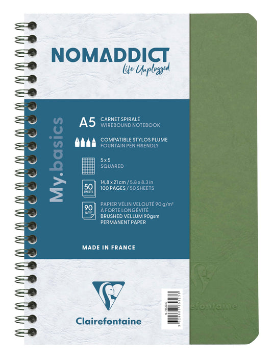Clairefontaine A5 Age Bag Essential Wire Bound Notebook, 5/5 Square Ruling, 100 Pages, Green