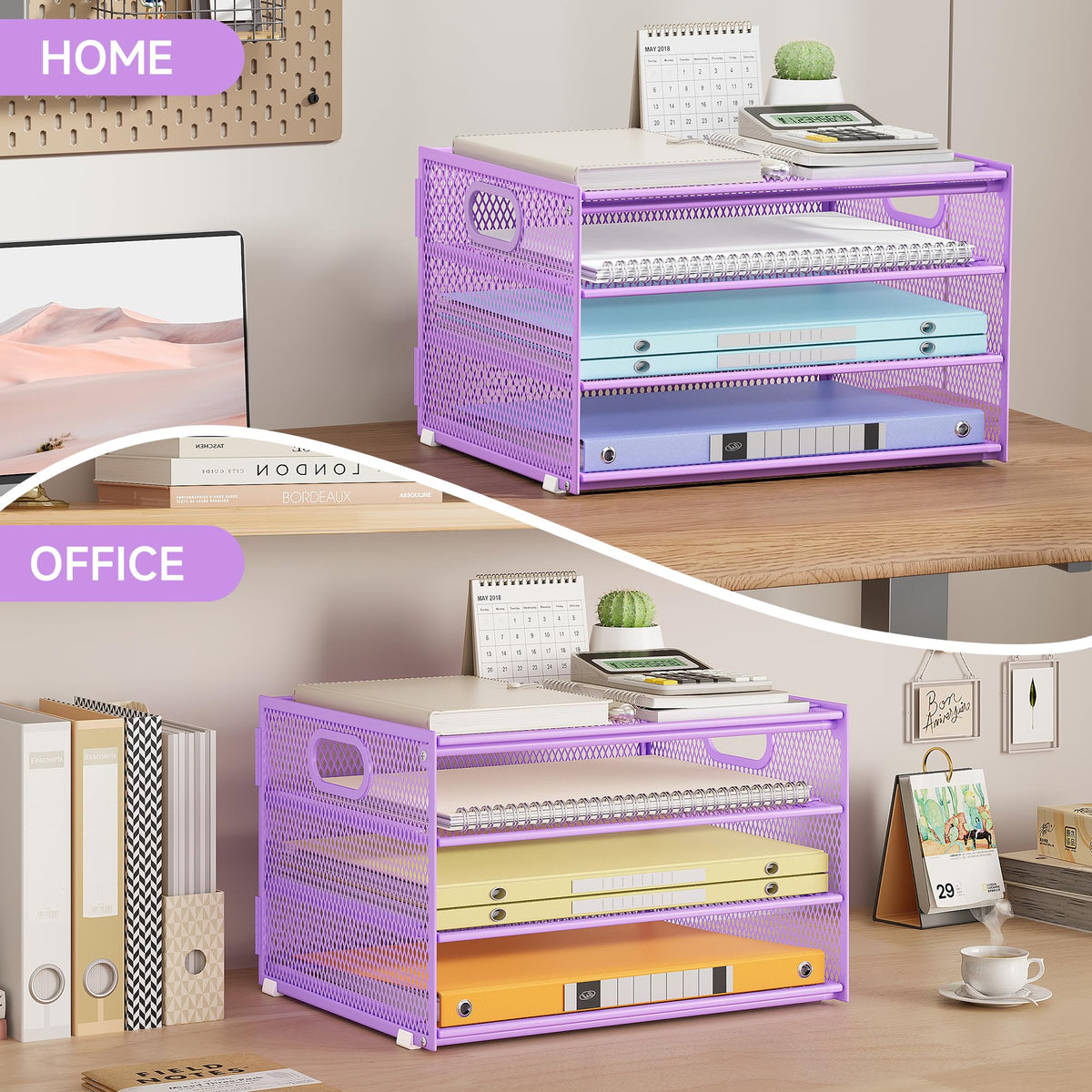 Paper Organizer with Handle,4 Tier Letter Tray Purple Desk Organizer Set