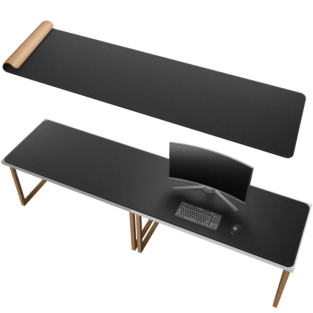 Chihein 79" x 20" 5XL PU Leather Desk Mat (Black), Huge Mouse Pad, Dual Sided Desk Pad Protector
