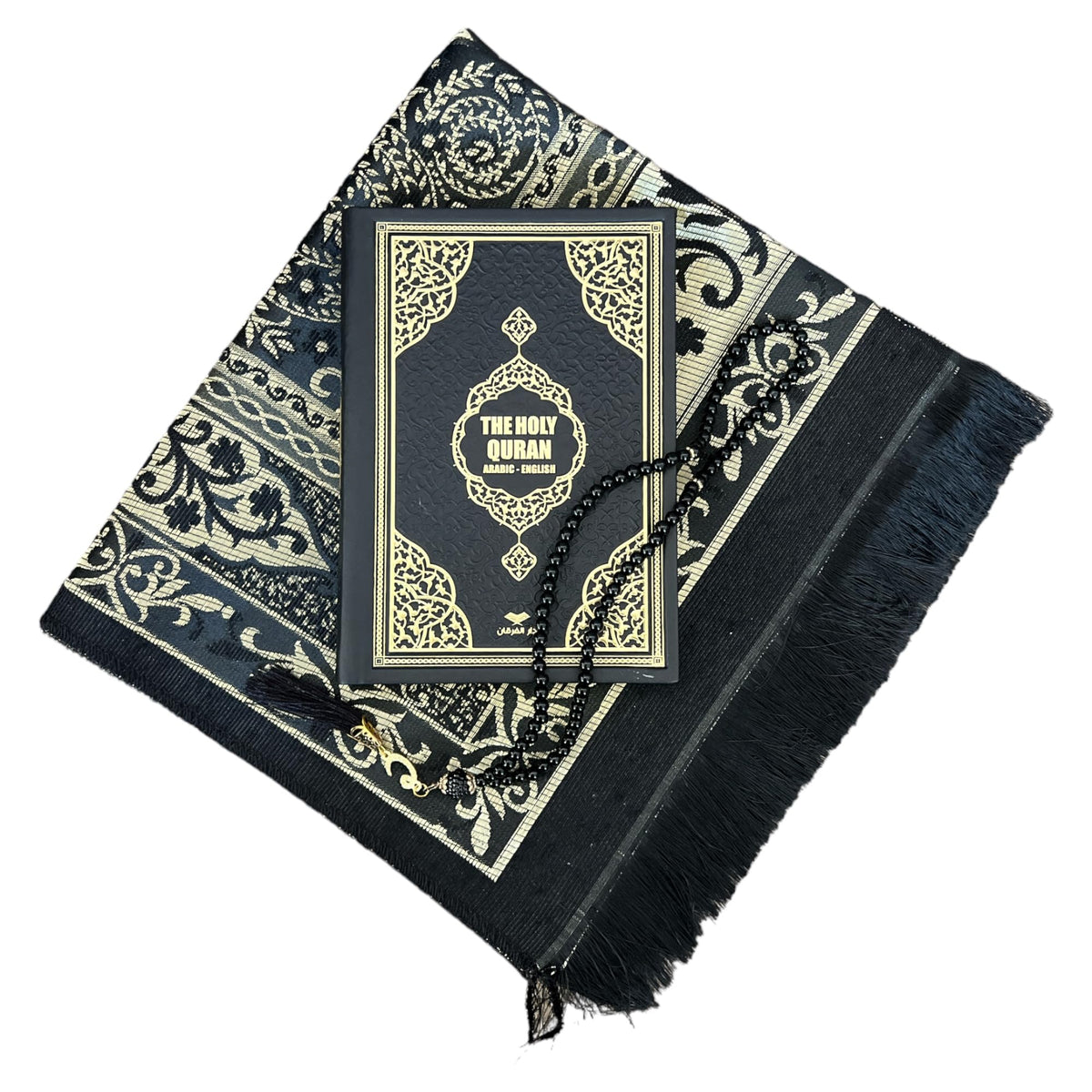 English Translate Thermo Leather Covered Quran, Tafta Prayer Mat and Beads Set |Quran