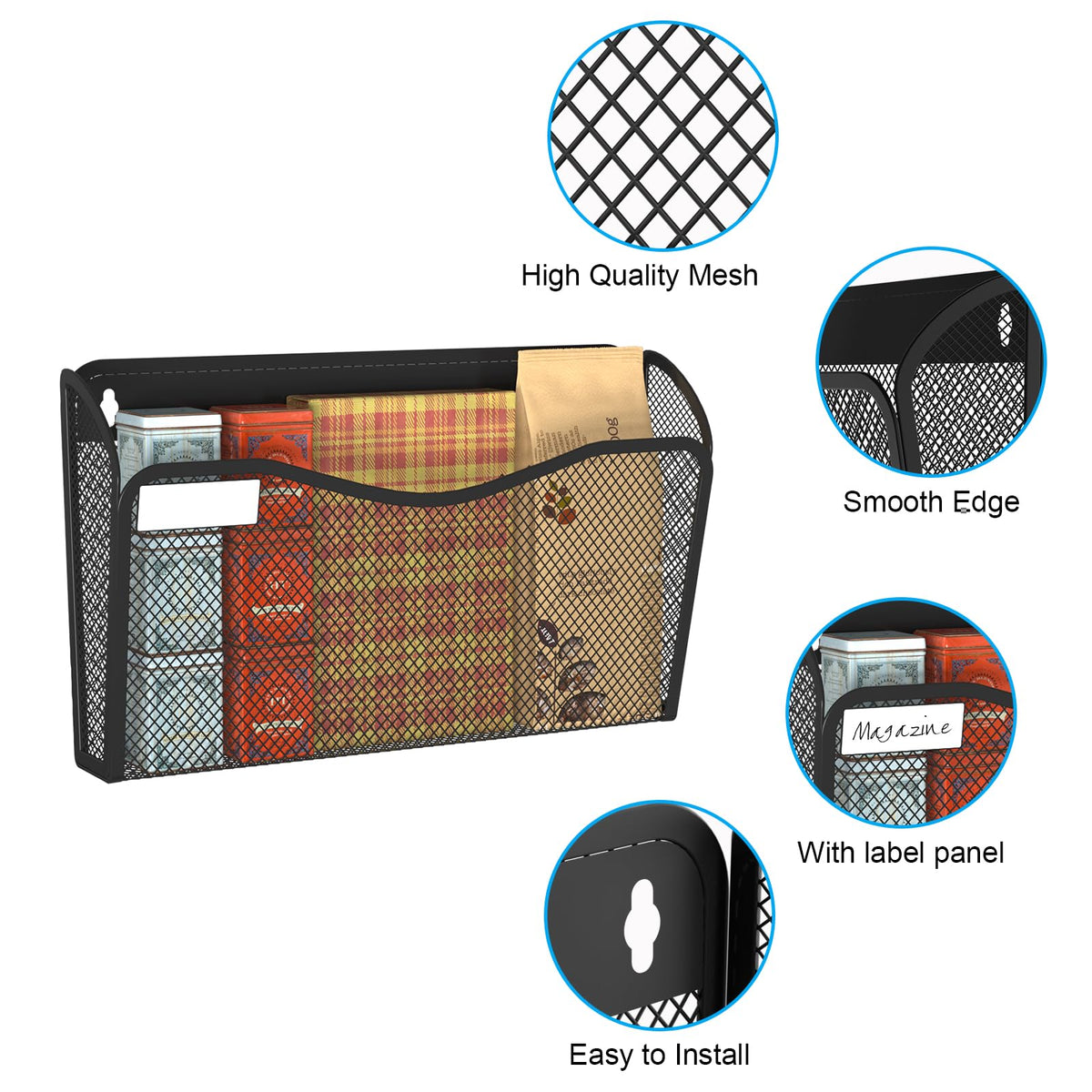 BOHDK Wall File Organizer, 3 Single Pockets Mesh Hanging File Organizer, Mount Document Magazine