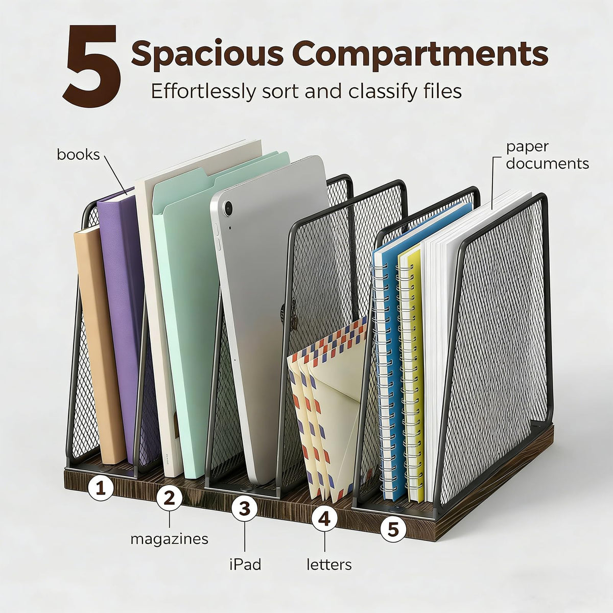 Becomrock 5-Section Vertical File Organizer for Desk, Sturdy Wood Base & Metal Mesh Desktop File
