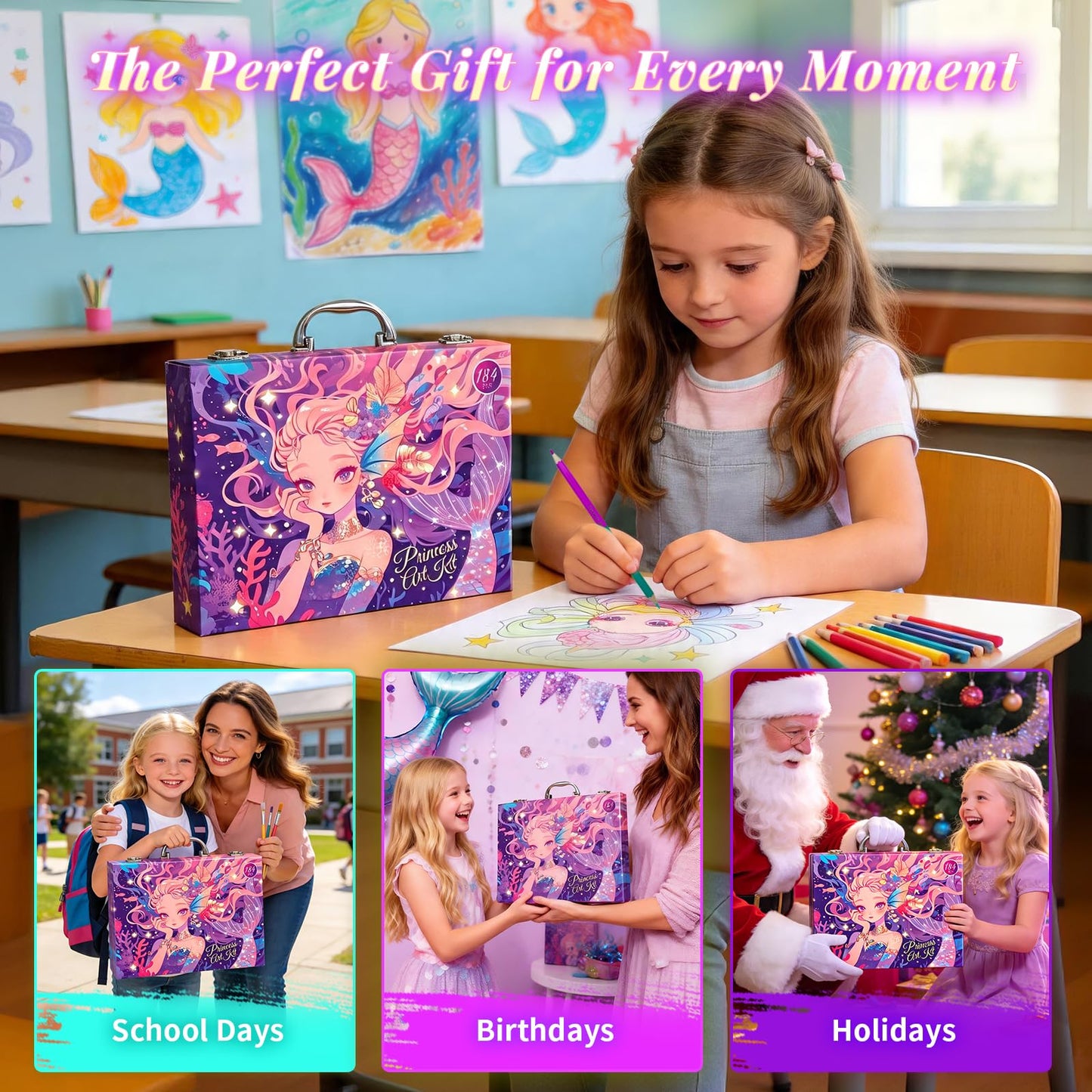 Cokiki Mermaid Art Set for Kids, 184 Piece Drawing Art Kit