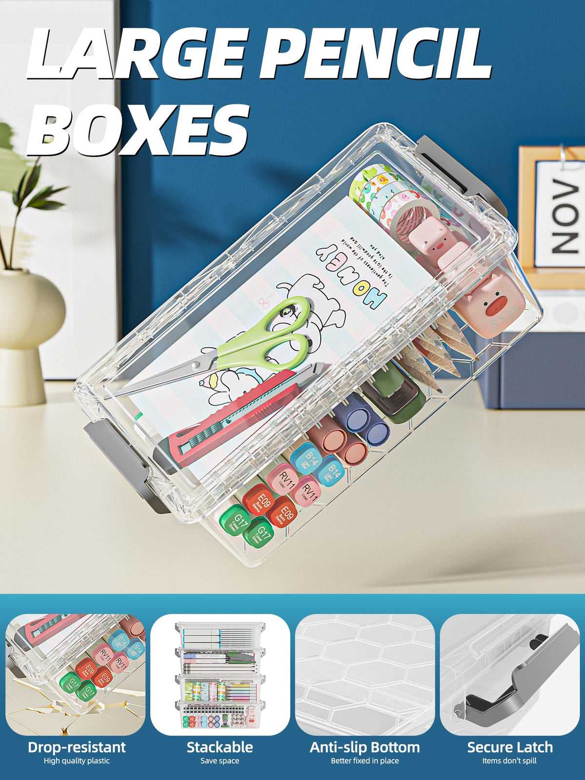 BiuLeon 4 Pack Extra Large Pencil Box, Plastic Pencil Case Organizer, Clear Crayon Box Marker