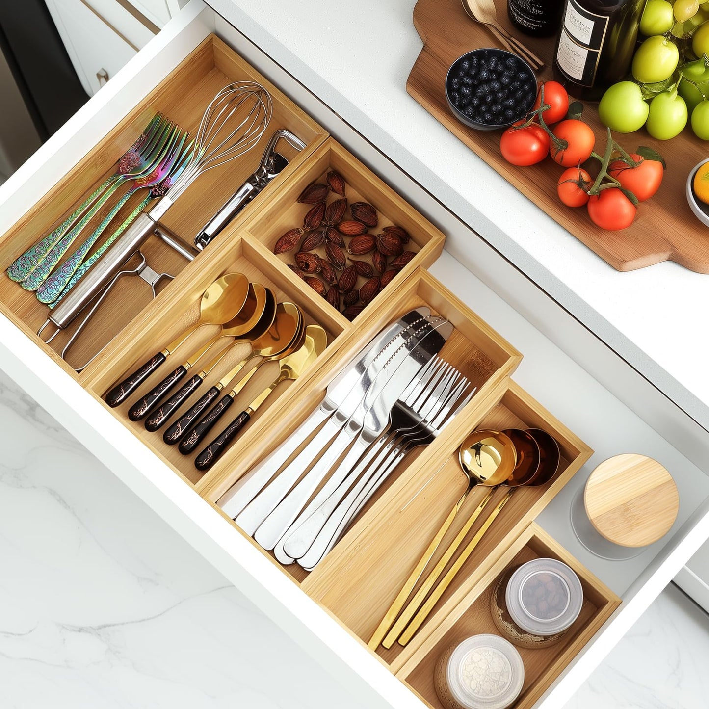 MapleGrace Bamboo Drawer Organizer Set, Individual Wood Storage Organizers
