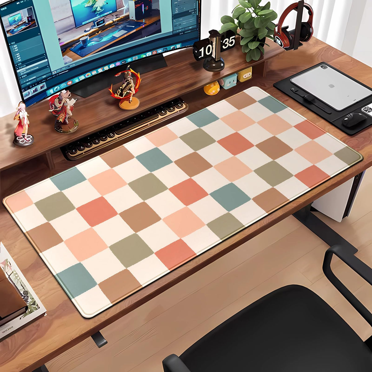 Boho Checker Desk Mat Beige Checkerboard Mouse Pad Large Aesthetic Desk Pad Extended Gaming