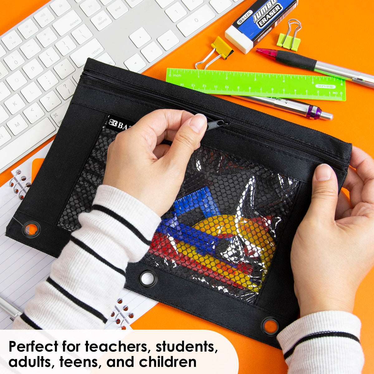 BAZIC PRODUCTS Black 3-Ring Pencil Pouch with Mesh Window, 24-Box