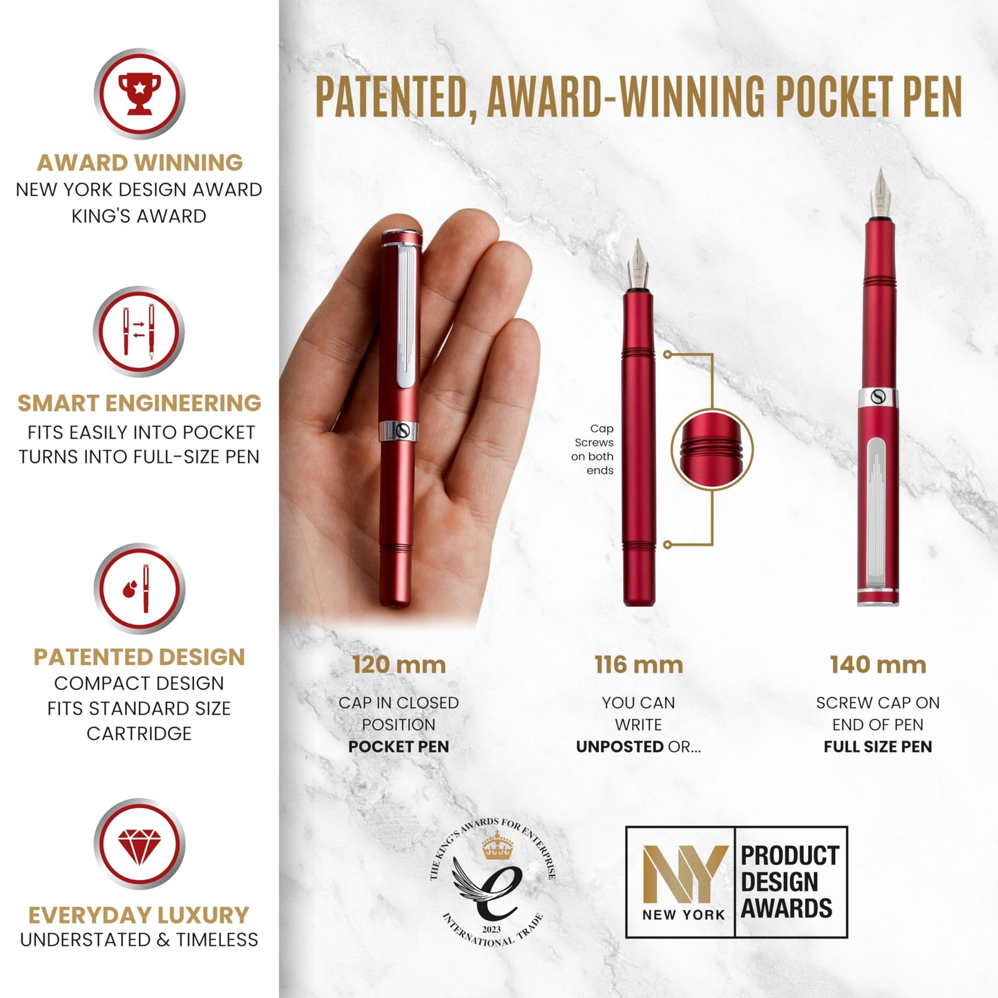 Scriveiner Luxury EDC Fountain Pen (Fine), Stunning Matt Red Pocket EDC with Chrome Finish, Schmidt