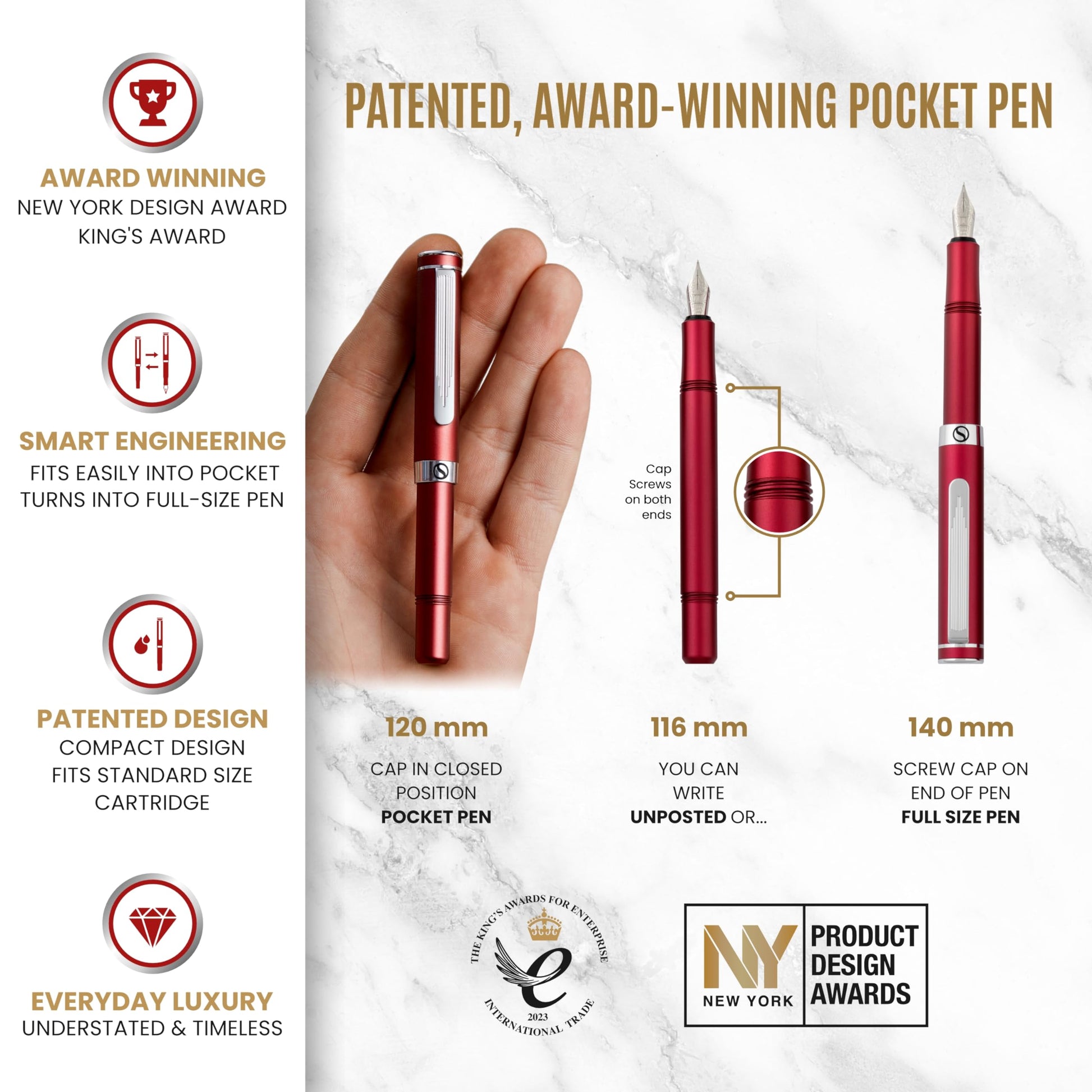 Scriveiner Luxury EDC Fountain Pen (Fine), Stunning Matt Red Pocket EDC with Chrome Finish, Schmidt