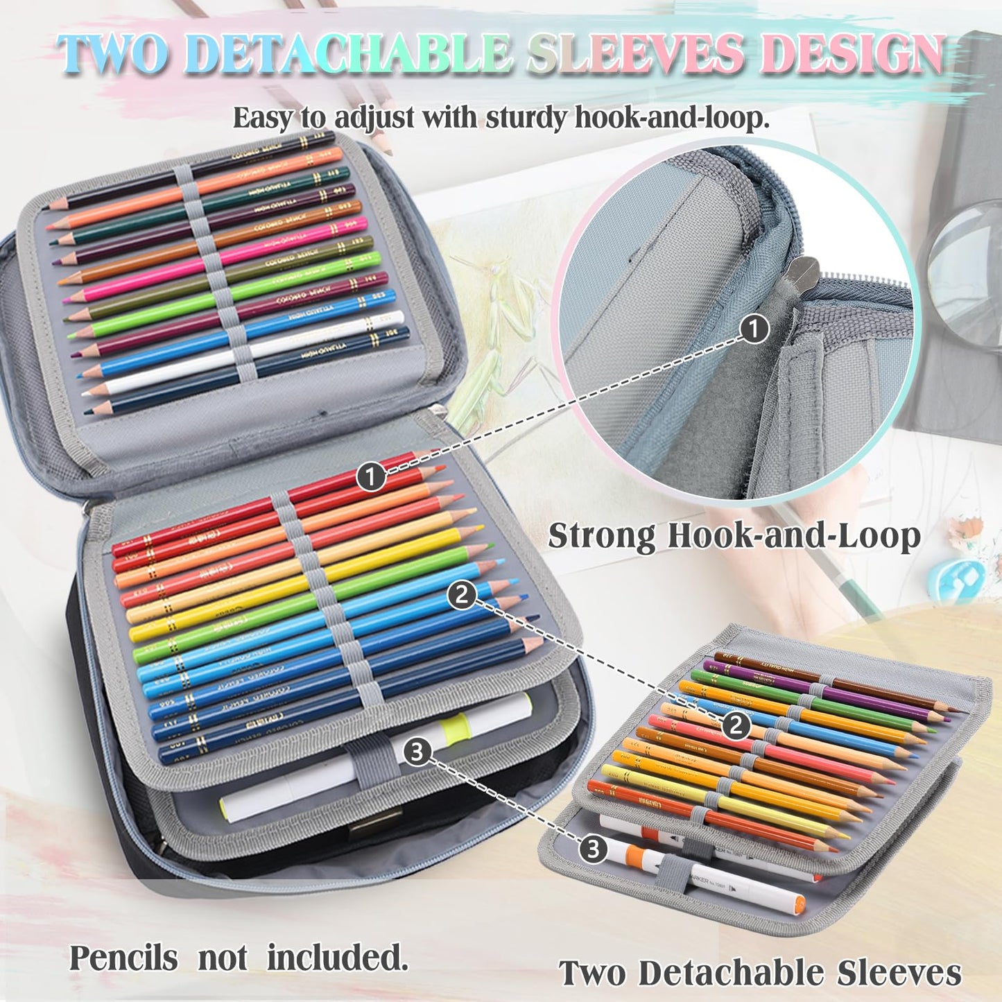 VX VONXURY Large Pencil Case, 54-Slot Colored Pen Pouch 2 Removable Sleeves