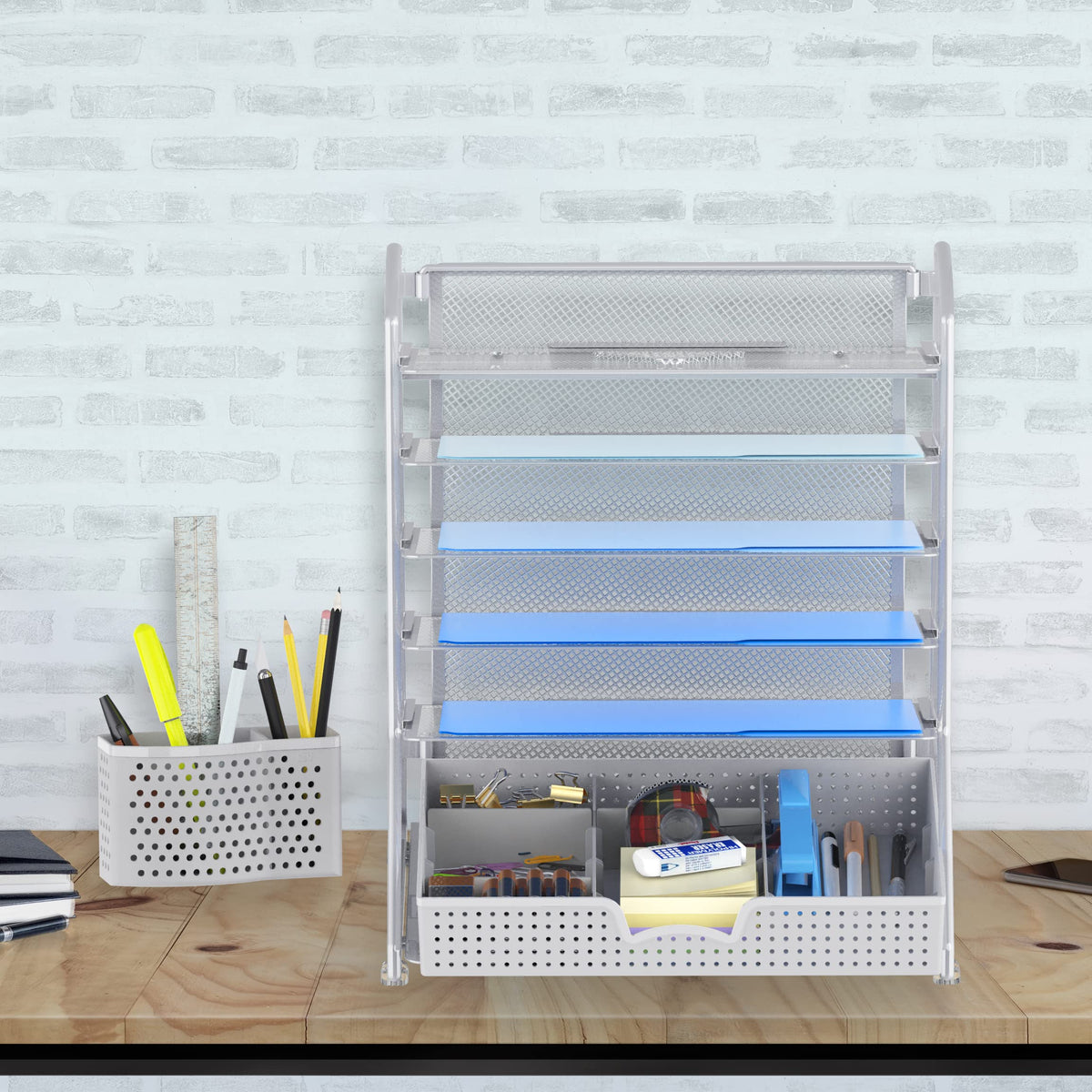 Simple Houseware 6-Tier Desk File Organizer w/Drawer & Pen Holder, Silver