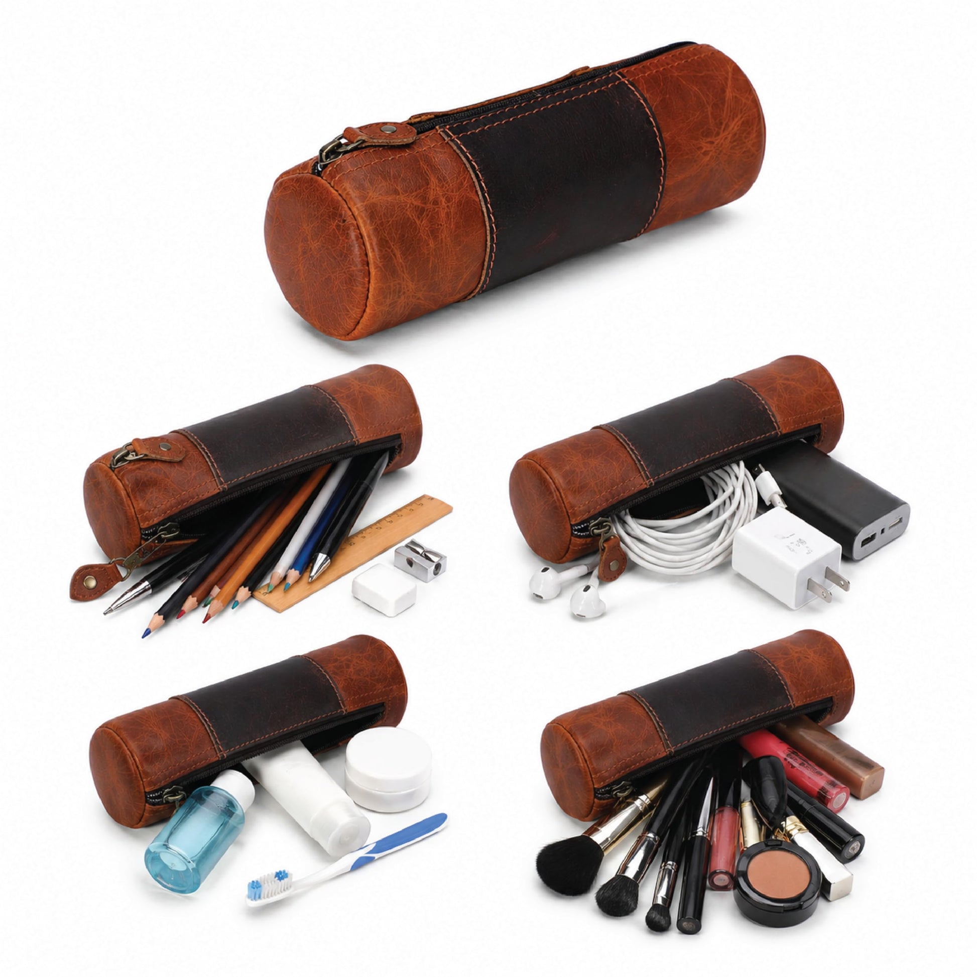 TheAntiq Genuine Leather Pencil Pouch, Handcrafted Zipper Organizer Case with Wrist Strap, Durable
