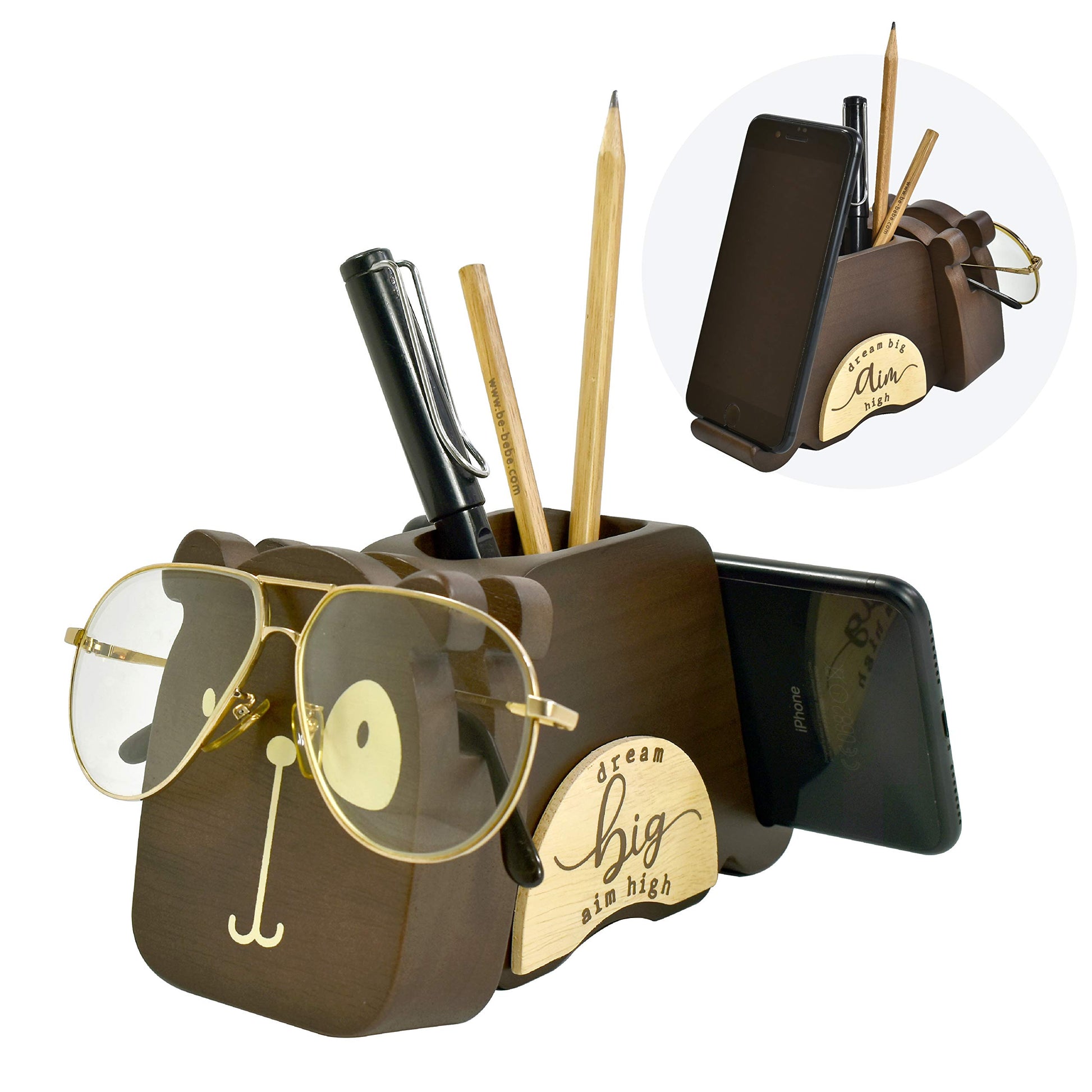 I'm Wood Multipurpose Eyeglass Phone Pen & Pencil Holder Stand Stationery Desk Organizer