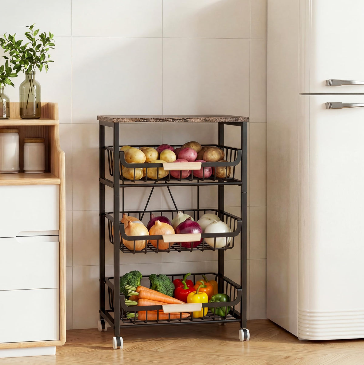 JAQ Fruit Vegetables Carts, 4-Tier Slide Out Metal Storage Baskets Stand Organizers with Wood Top