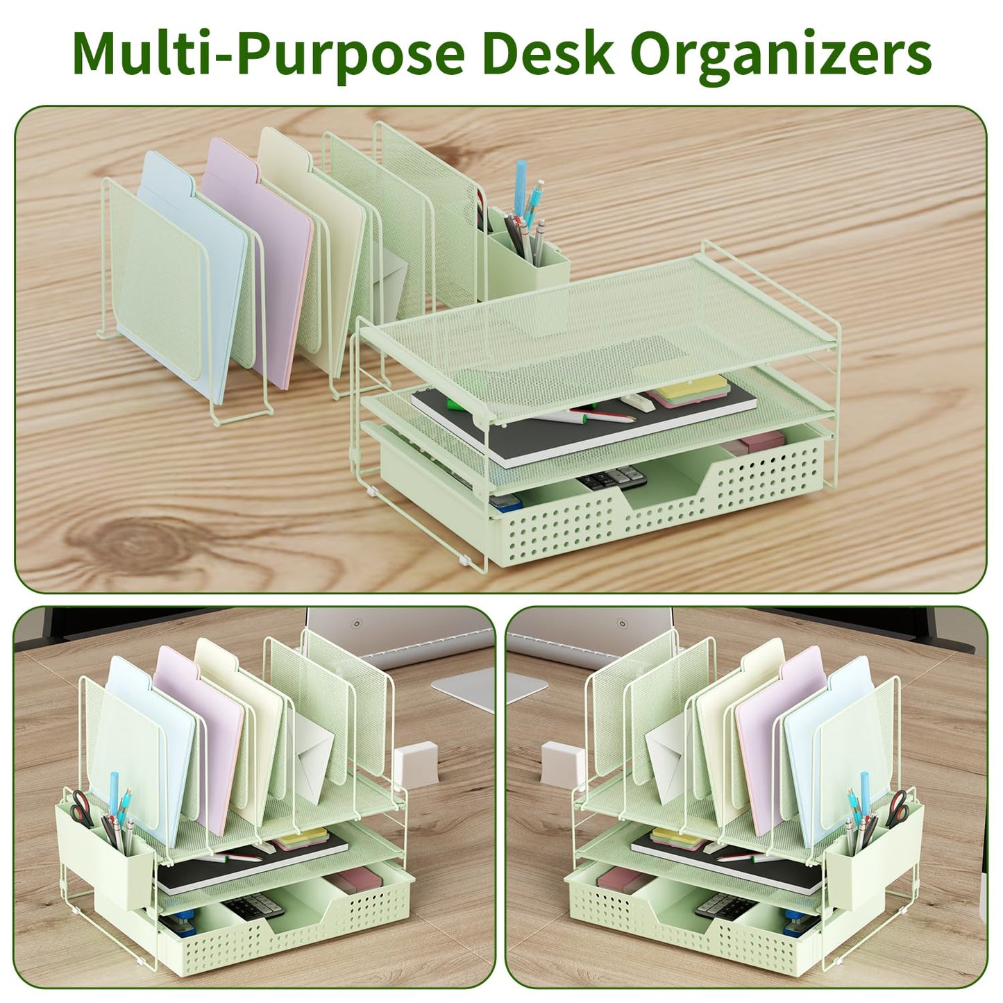 LEKETREE Green Desk Organizer, Office Organization with Vertical File Holder, File Organizer with
