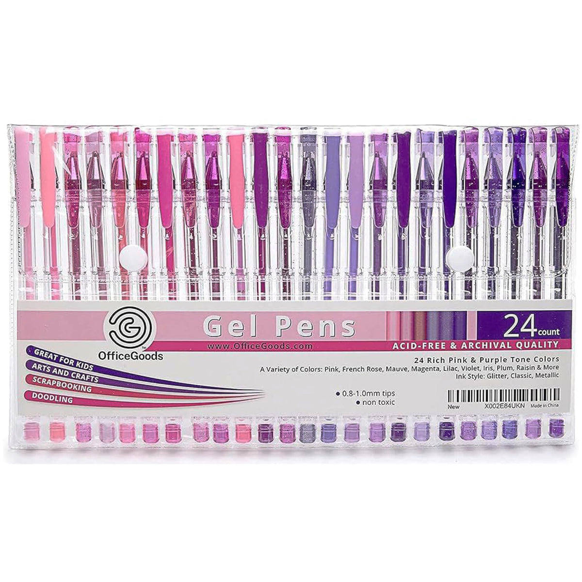OfficeGoods Pink and Purple Gel Pens with Refills, 0.8-1.0mm Tips, 12 Pack
