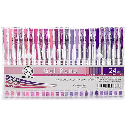 OfficeGoods Pink and Purple Gel Pens with Refills, 0.8-1.0mm Tips, 12 Pack