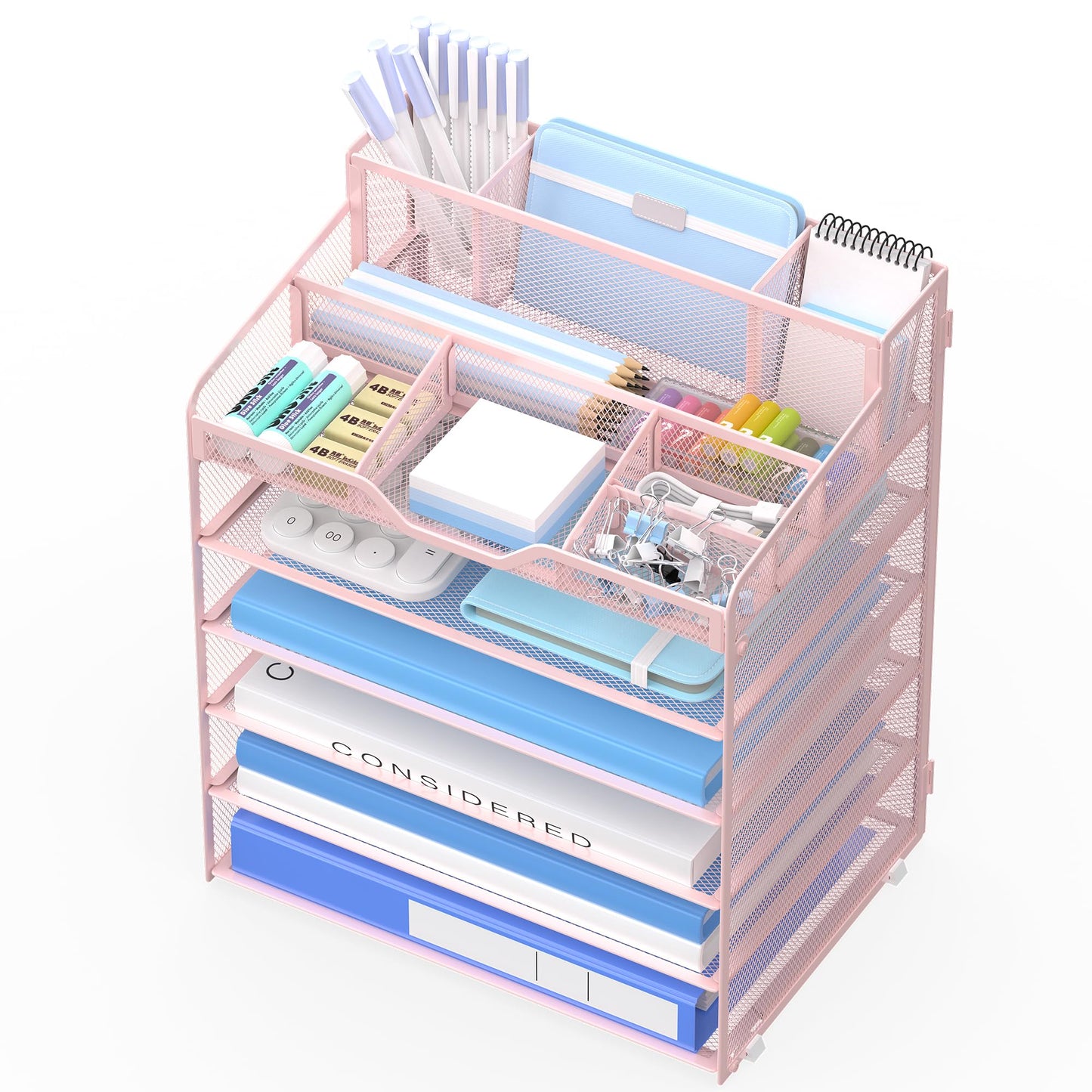OrgMate 6 Tier Mesh Paper Desk Organizer with Pen Holders, Pink