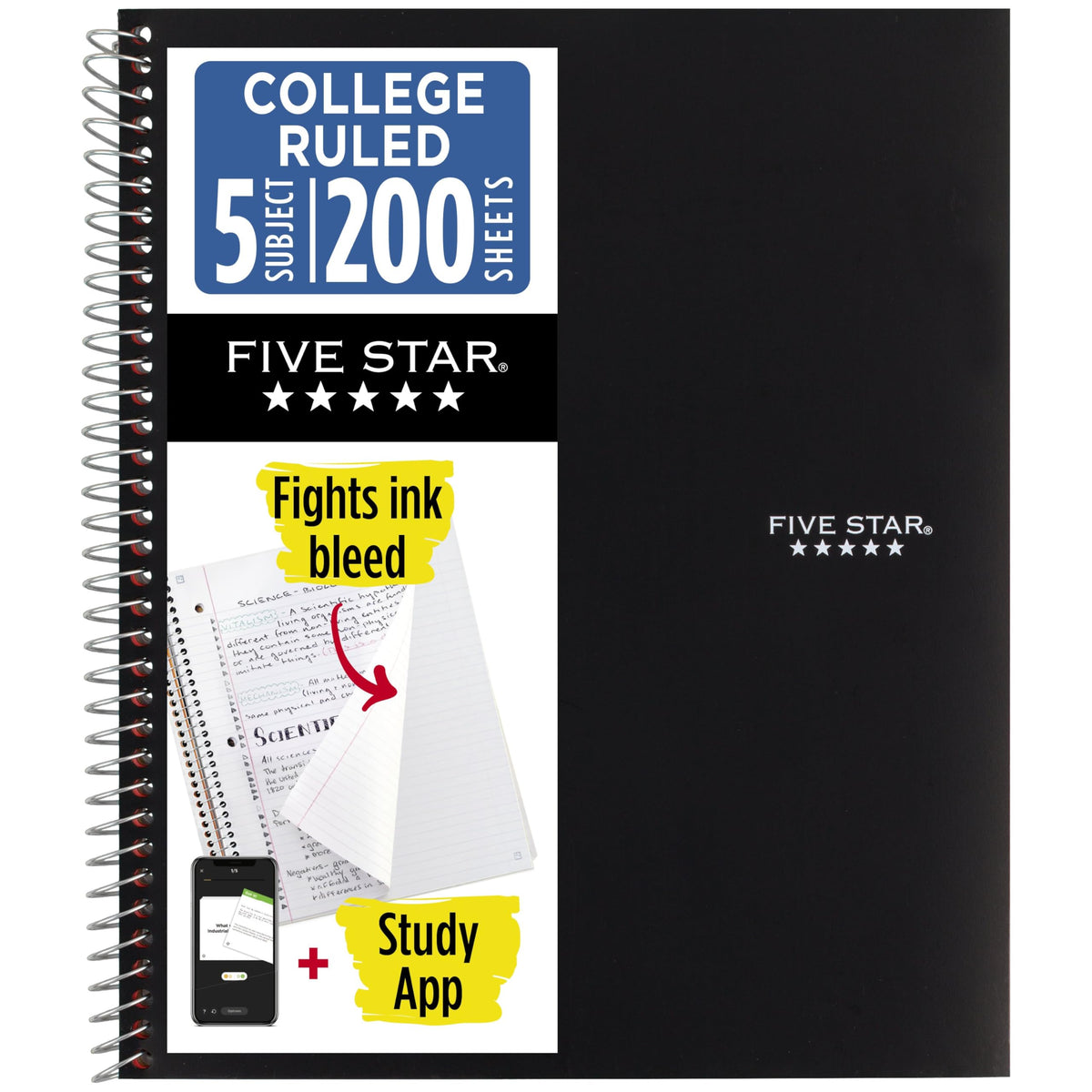 Five Star Spiral Notebook + Study App, 5 Subject, College Ruled Paper, 8-1/2" x 11", 200 Sheets