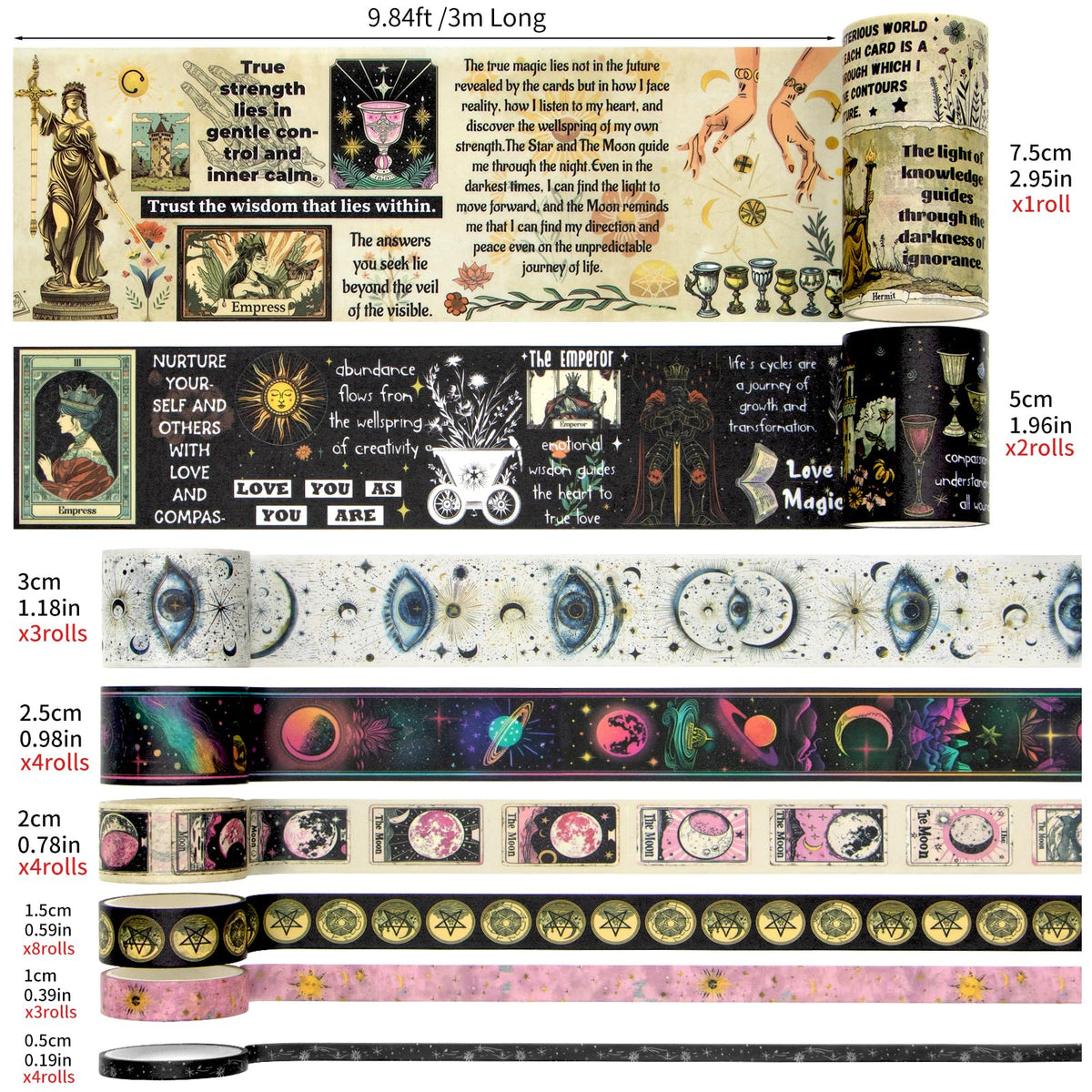 29 Rolls Washi Tape Set - Tarot Theme Decorative Masking Tape Colored Patterns, Vintage Adhesive