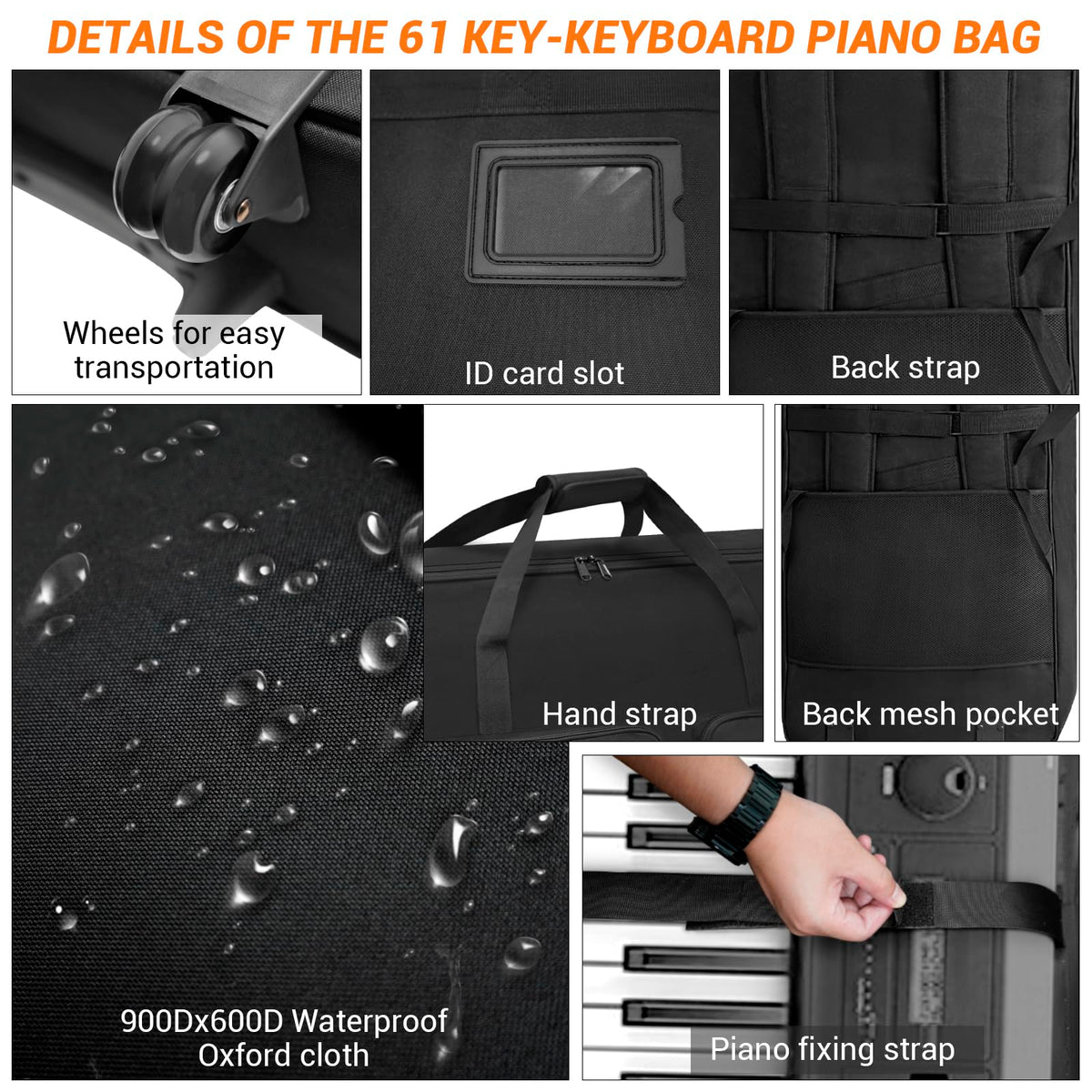 ORKELS 61-Key Keyboard Case with Wheels & Adjustable Shoulder Straps– Padded Rolling Gig Bag with 4