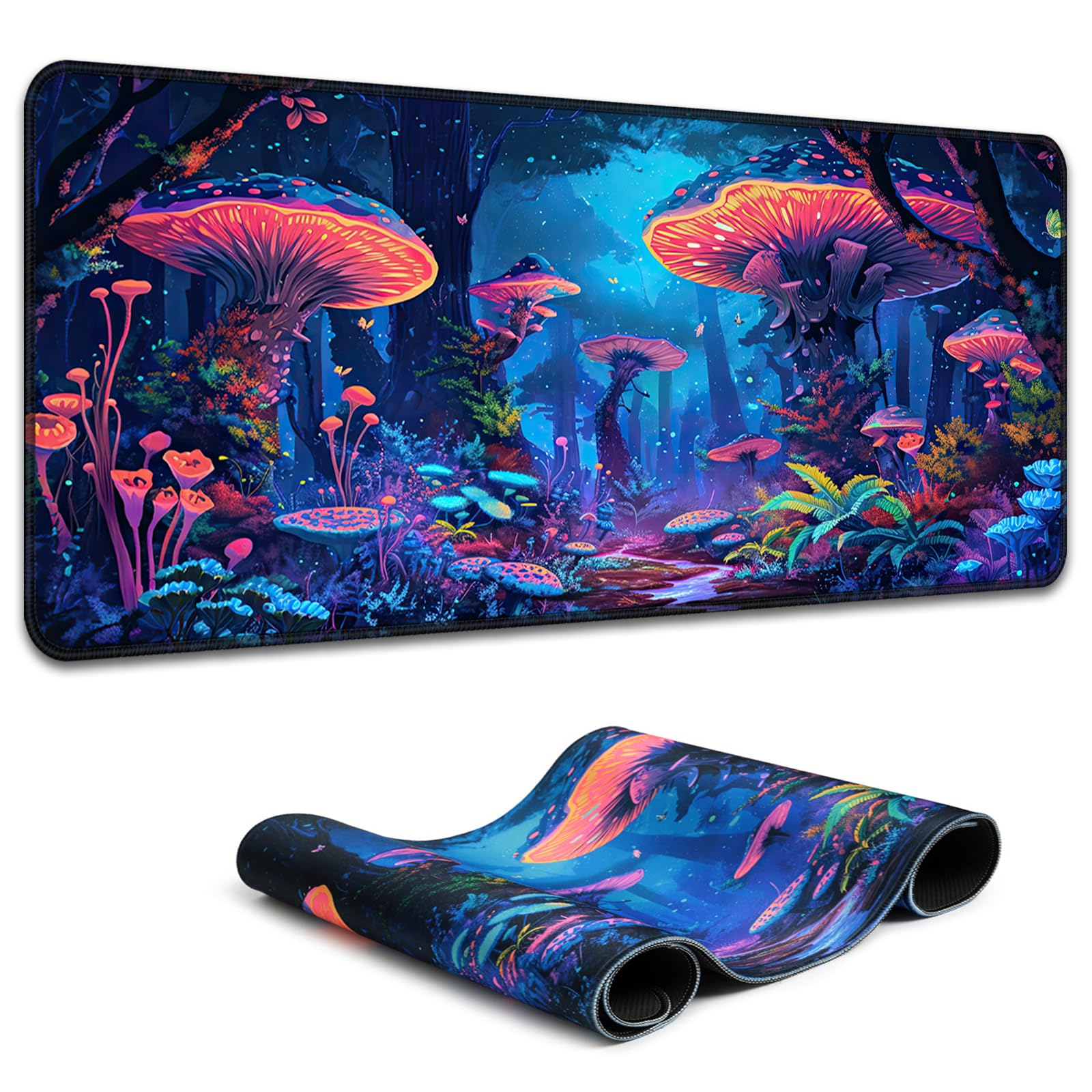 Simpkeely Fantasy Mushroom Mouse Pad, Blacklight Gaming Forest Waterproof Extended Large Desk Pad