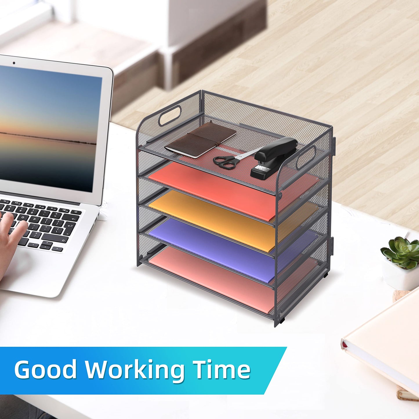 Supeasy 5 Trays Paper Organizer Letter Tray with Handle-Mesh Desk File Organizer, Grey Paper Sorter