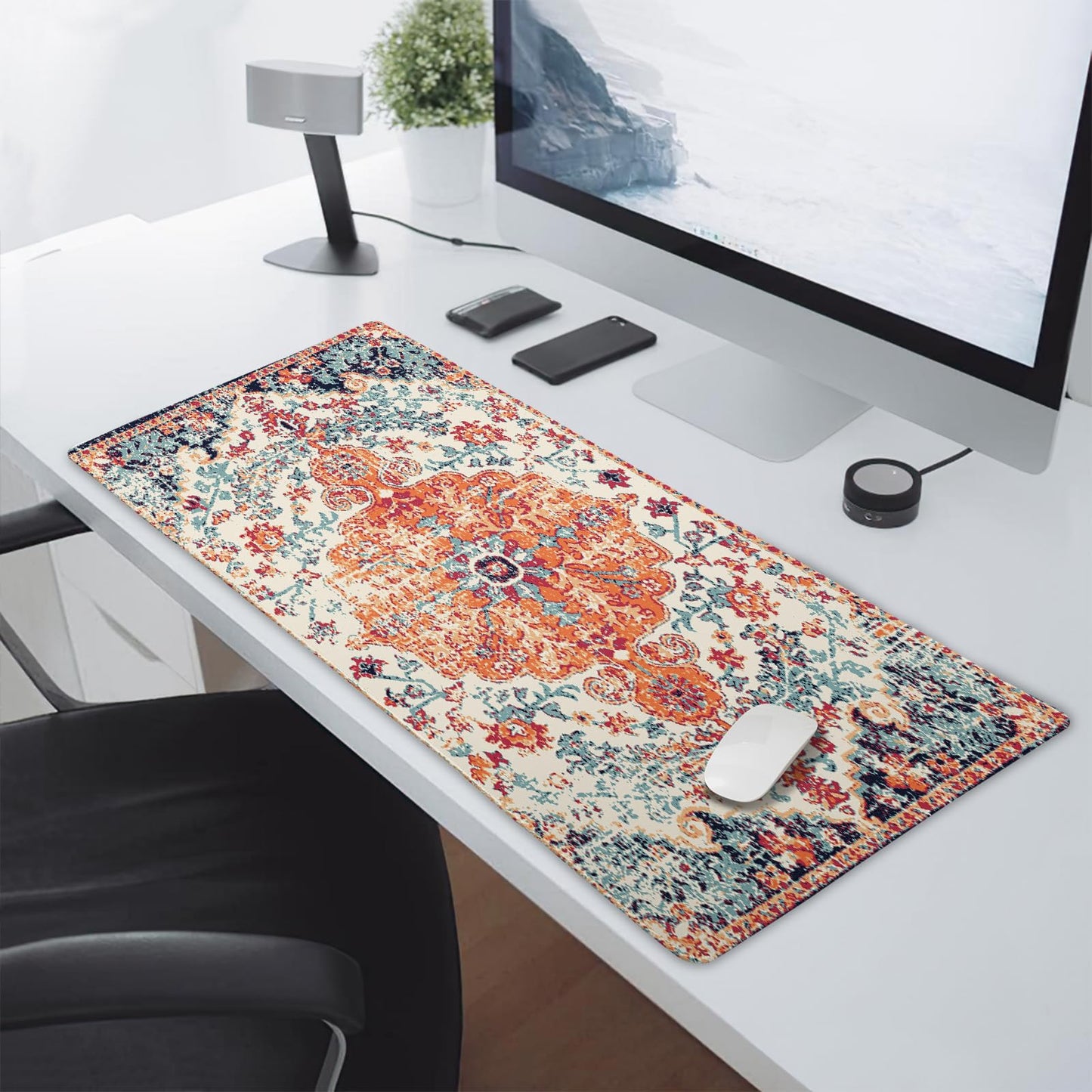 Orange Teal Boho Gaming Mouse Pad Extended 3XL Rug Carpet Bohemian Retro Large Desk Mat Big