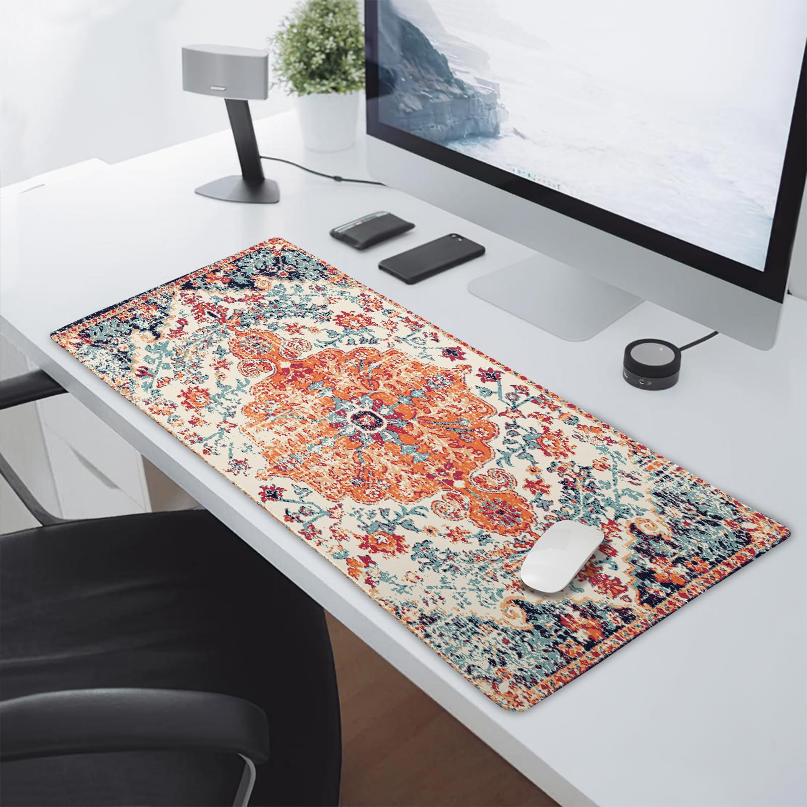 Orange Teal Boho Gaming Mouse Pad Extended 3XL Rug Carpet Bohemian Retro Large Desk Mat Big