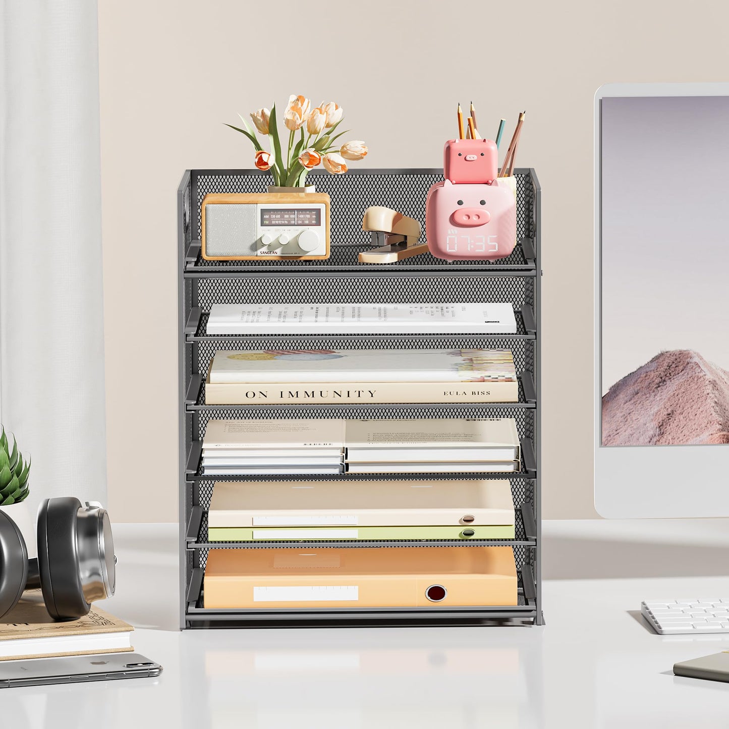 Subekyu 6-Tier Desk Paper Organizer, Desktop File Letter Tray with Handle, Document Sorter and