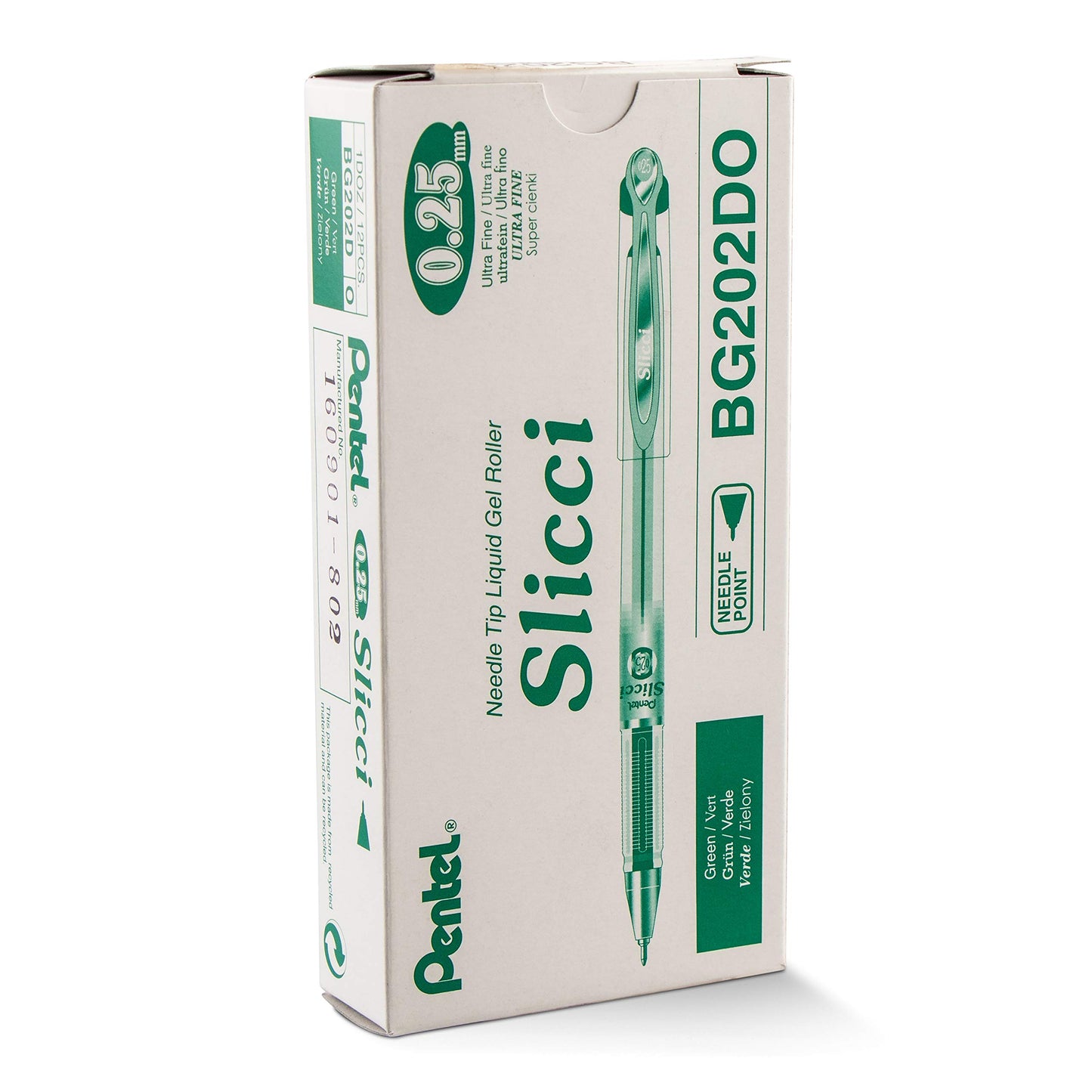 Pentel Arts Slicci 0.25 mm Extra Fine Gel Pen, Green Ink, Box of 12 (BG202-D)