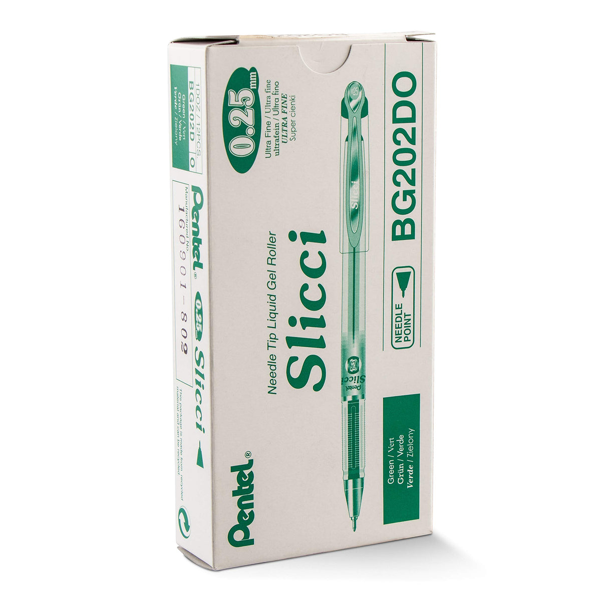 Pentel Arts Slicci 0.25 mm Extra Fine Gel Pen, Green Ink, Box of 12 (BG202-D)