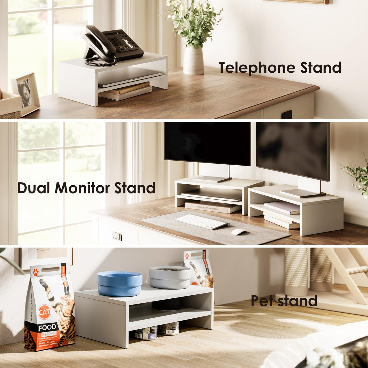 FITUEYES Wooden Monitor Stand Riser, 2-Tier Desk Storage Shelf, White
