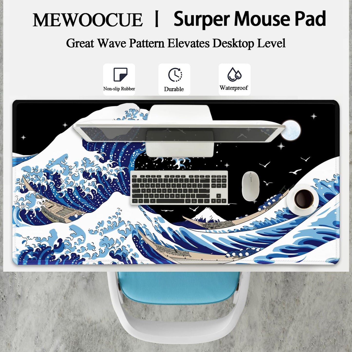 Gaming Laptop Mouse Pad,Sea Wave Big Mice Pads PC Keyboard Waterproof and Non-Slip 47.2" x 23.6"