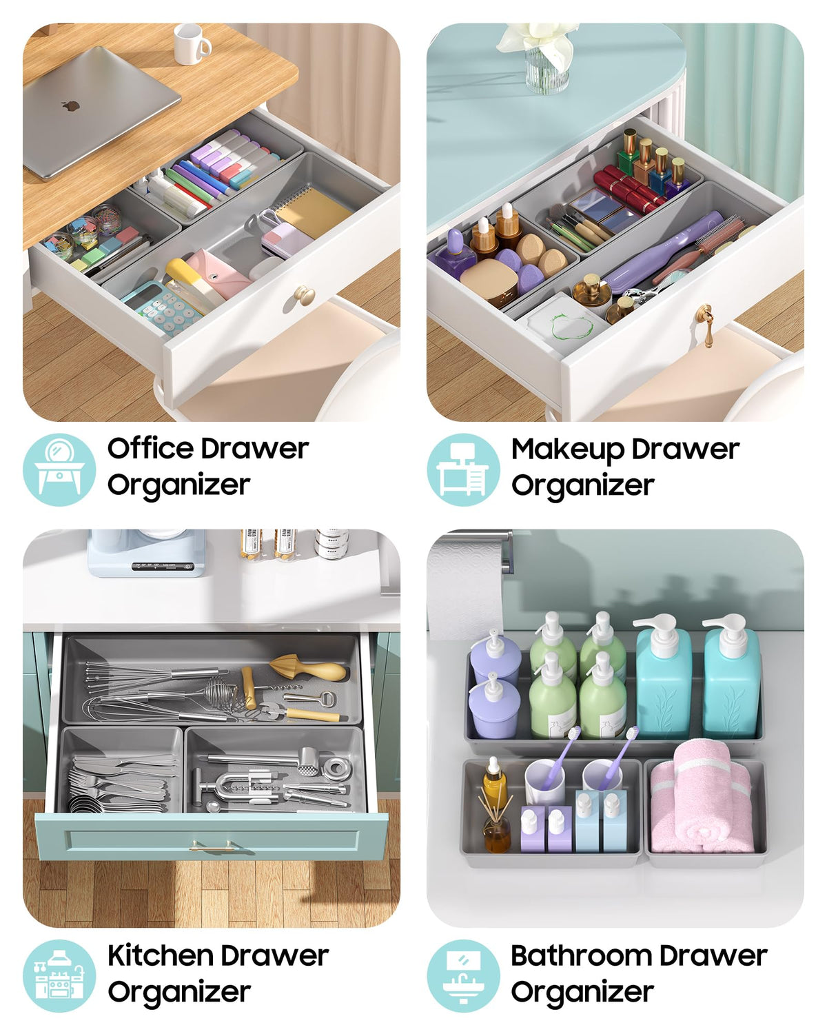 MLIKLU 10 Pack Large Size Plastic Drawer Organizers Set, 3 Sizes Desk Drawer Organizer Trays