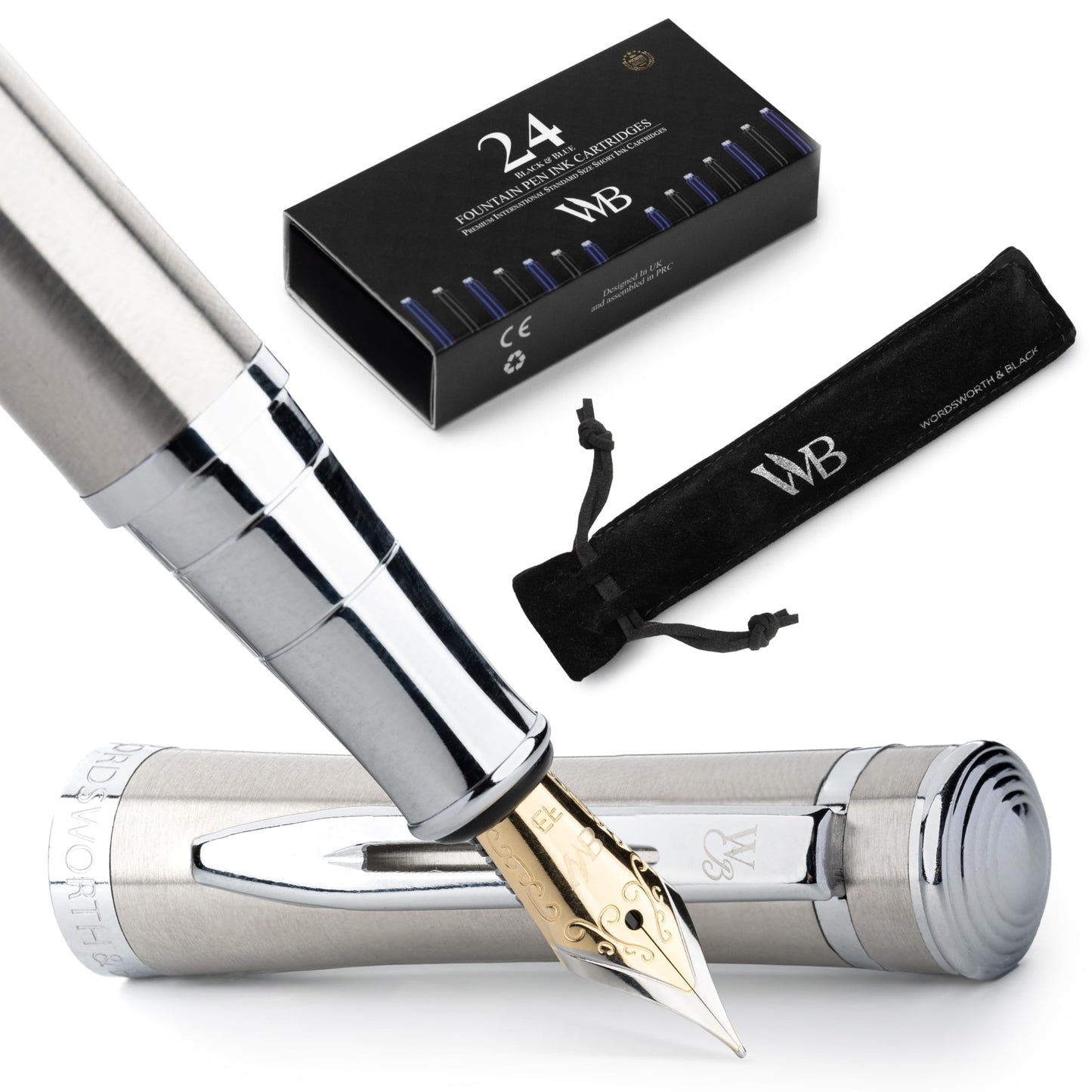 Wordsworth & Black Fountain Pen Set for Writing, Extra Fine Nib, Silver