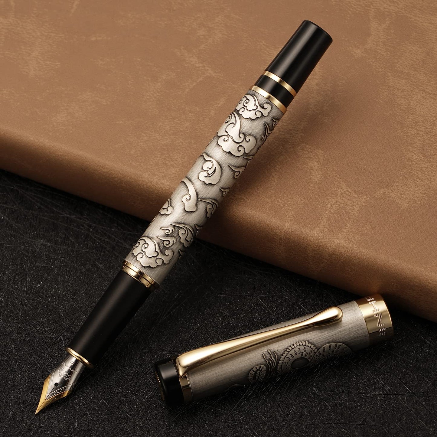 Jinhao 5000 Vintage Luxurious Metal Fountain Pen Beautiful Dragon Texture Carving, Ancient Gray
