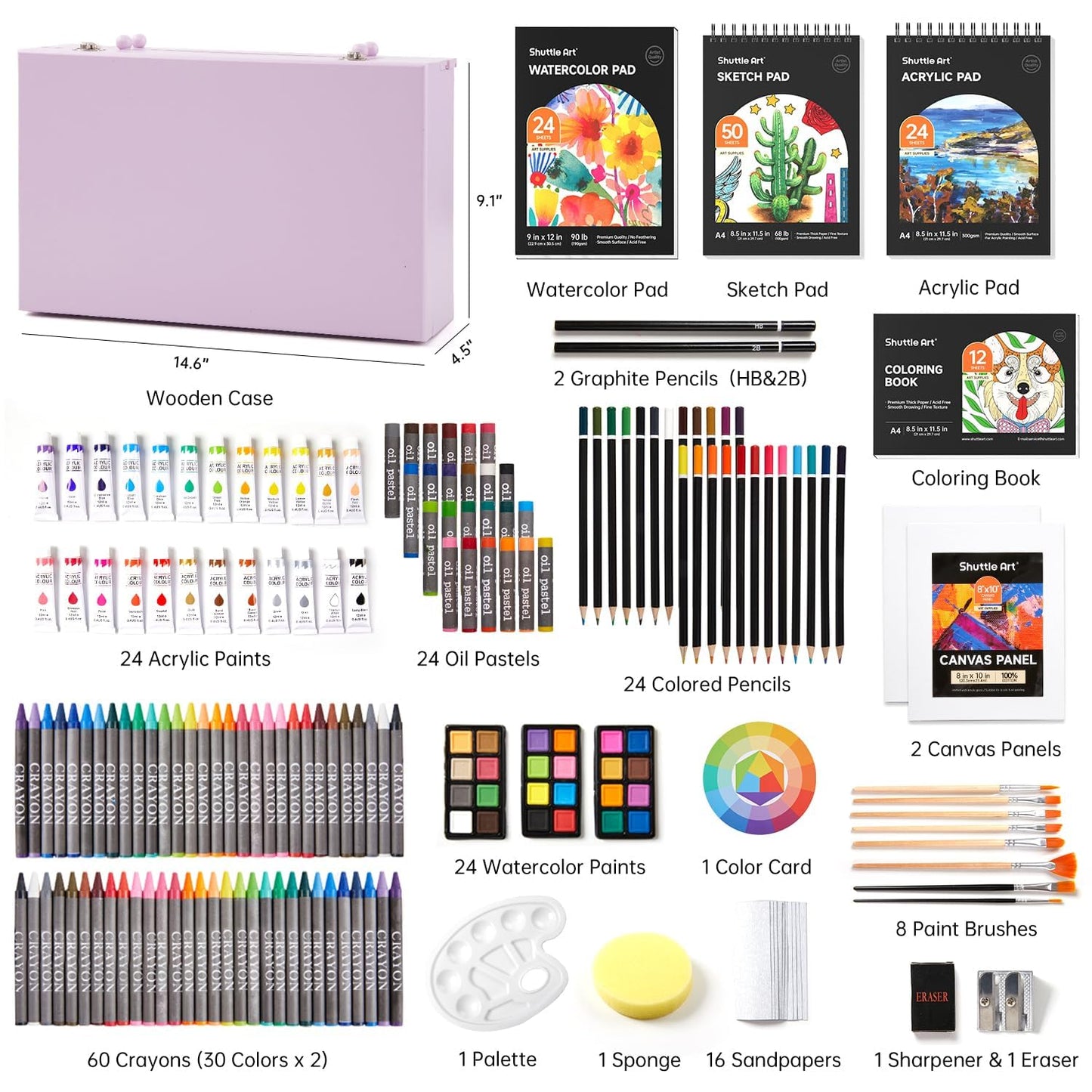 Shuttle Art Deluxe Gift Art Kit, 202-Piece Wooden Art Supplies Set with 4 Drawing Pads, Canvases