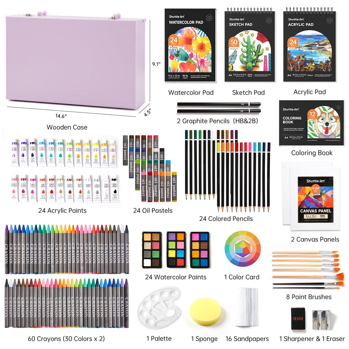 Shuttle Art Deluxe Gift Art Kit, 202-Piece Wooden Art Supplies Set with 4 Drawing Pads, Canvases