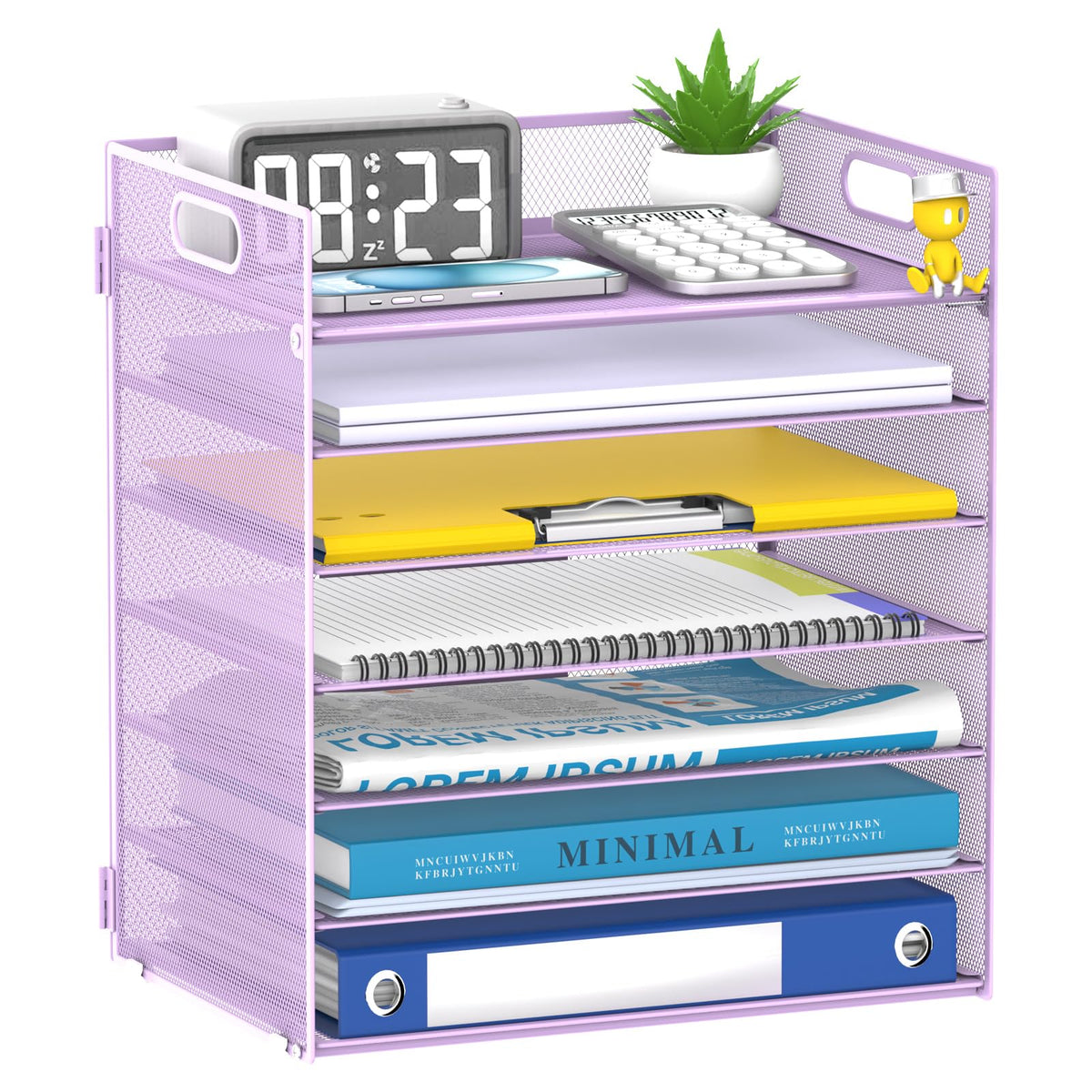 7 Tier Paper Organizer for Desk with Mesh Letter Trays and Handle Purple