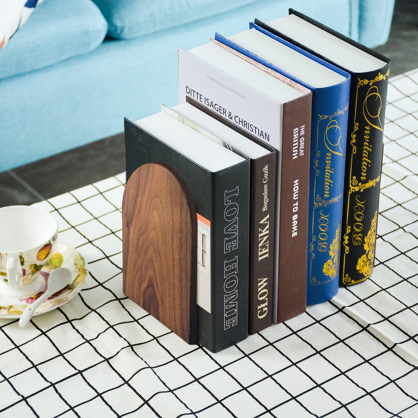 Large Bookend Hold Heavy Books-7x4x5in 3 Pack Non-Skid Wood Bookends Walnut