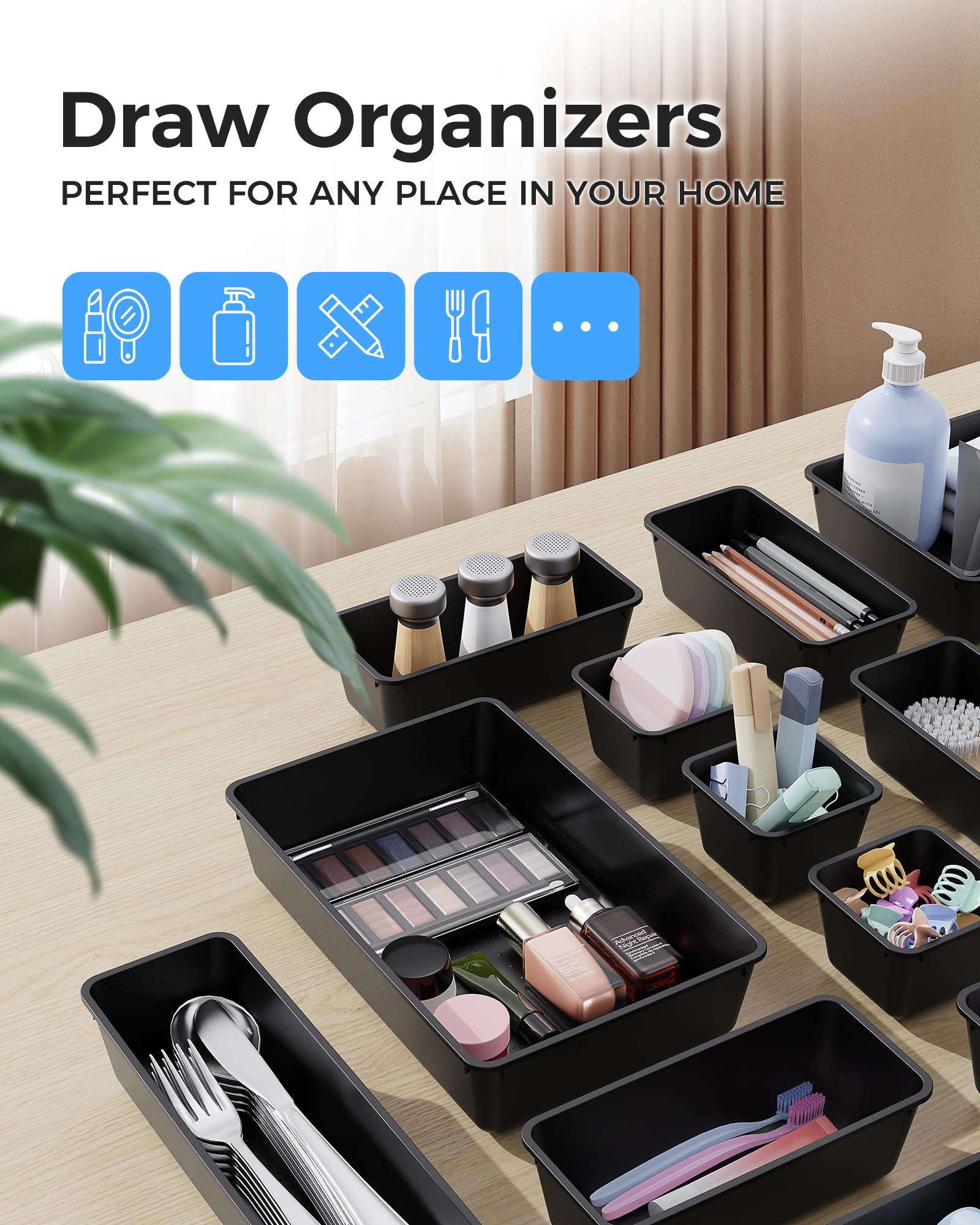 BiuLeon 25 PCS Plastic Drawer Organizers Set, 4-Sizes Vanity and Makeup Organizer, Desk and