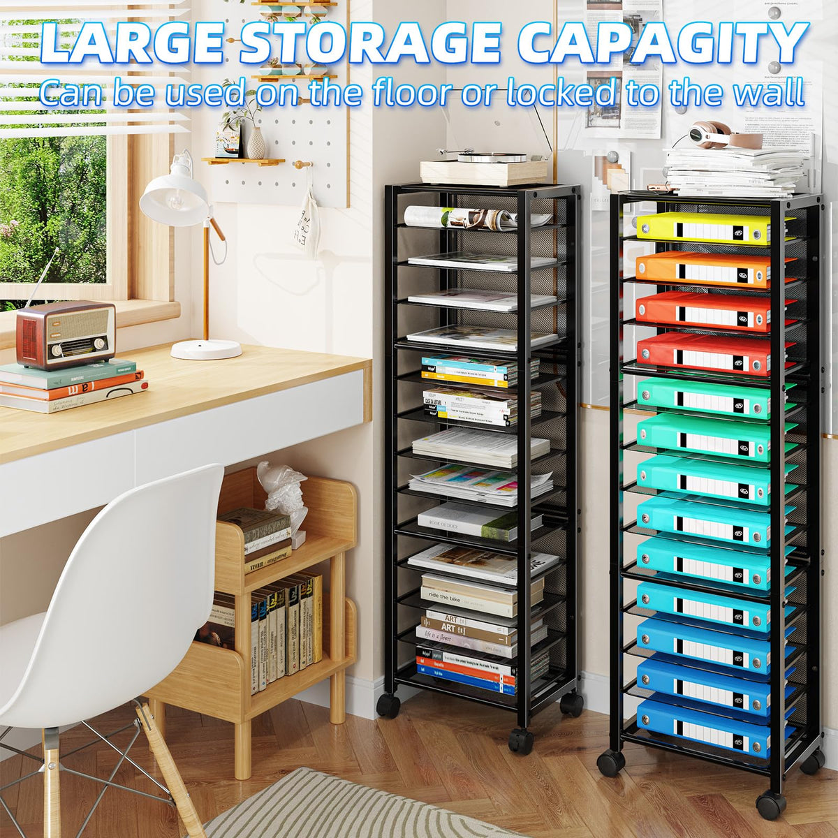 Simple Trending 14 Tier Rolling File Cart, Desk File Organizer, Paper Letter Storage Rolling