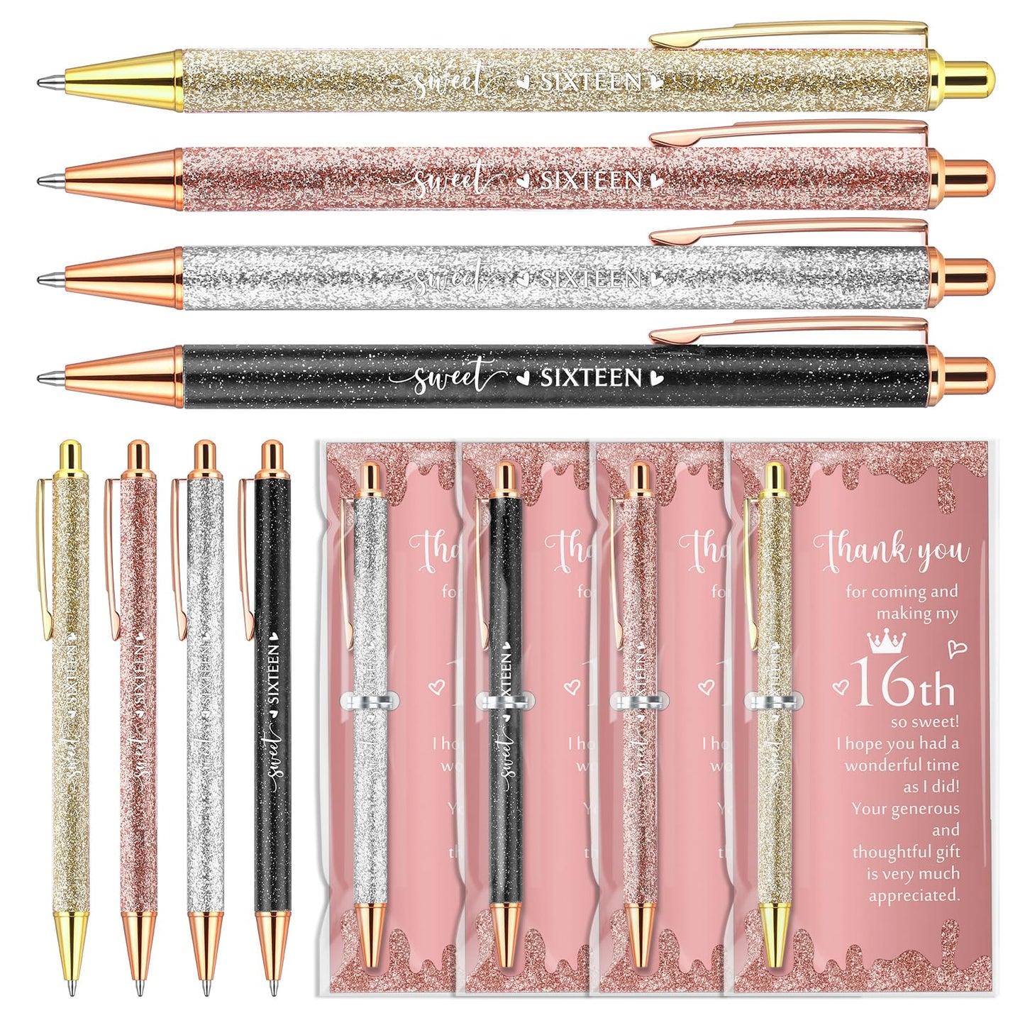 Feifeiya 25 Sets Sweet 16th Party Favors Pens with Thank You Cards, Classic
