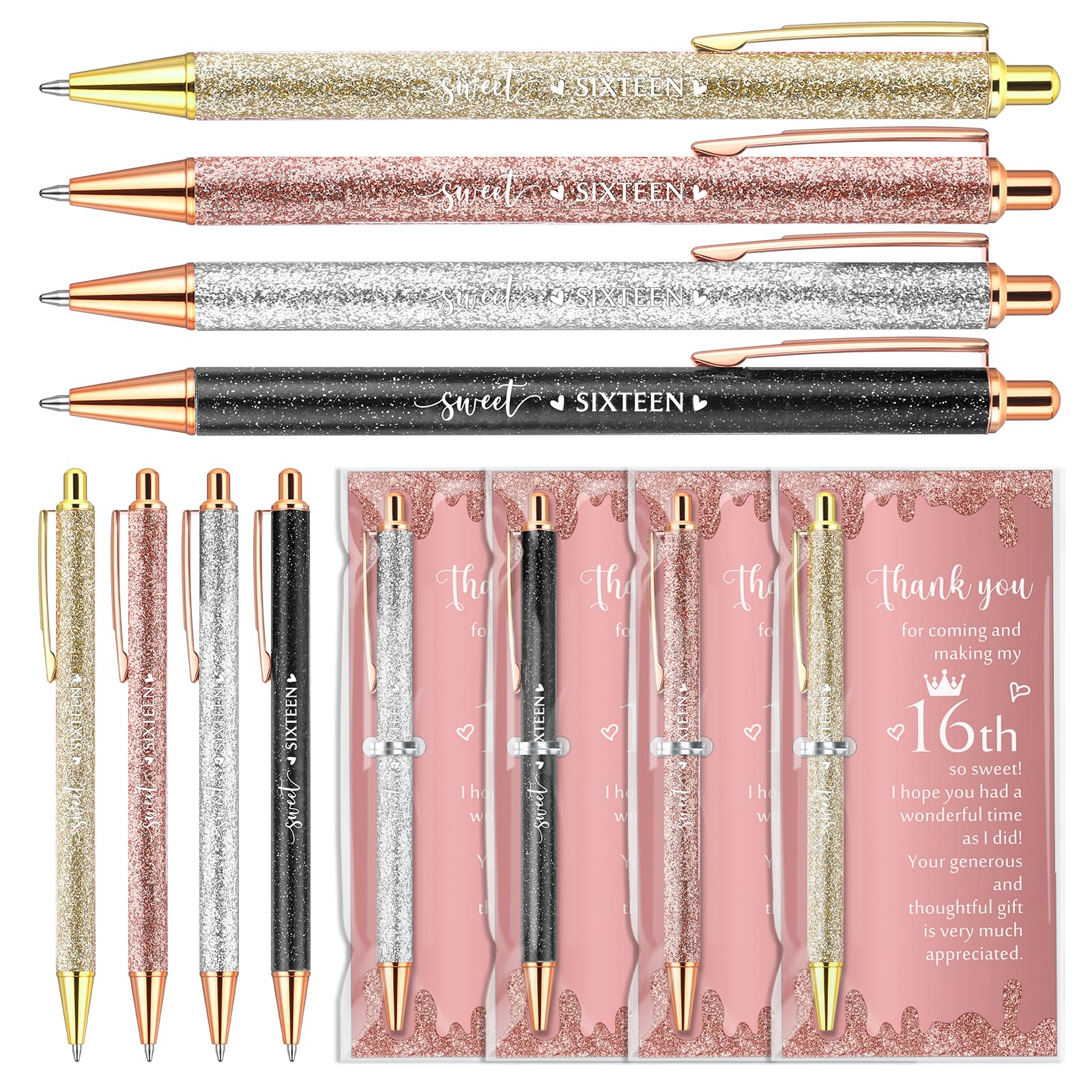 Feifeiya 25 Sets Sweet 16th Party Favors Pens with Thank You Cards, Classic