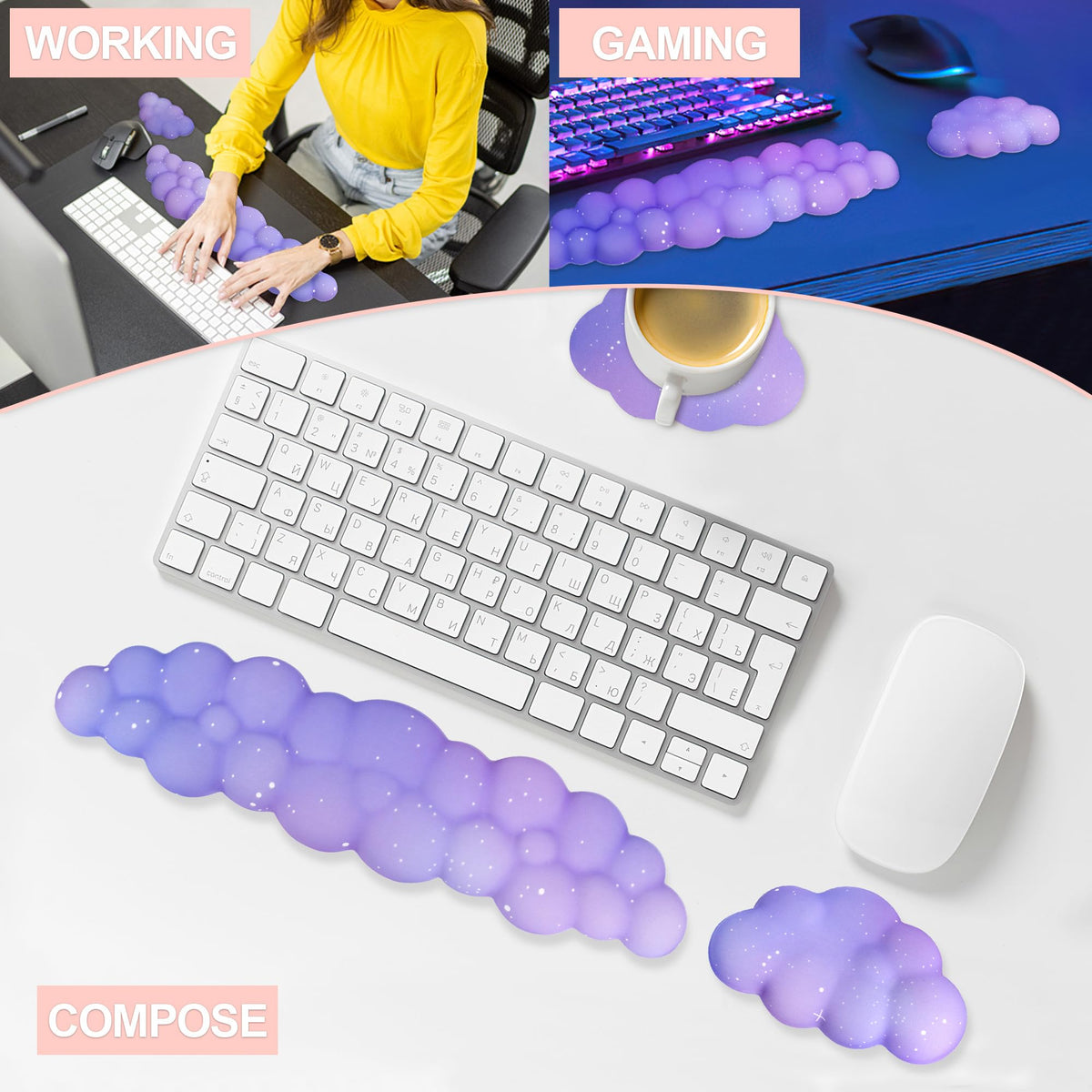 LJYZMD Silky Cloud Wrist Rest Set for Keyboard & Mouse, 16.9", Purple Star