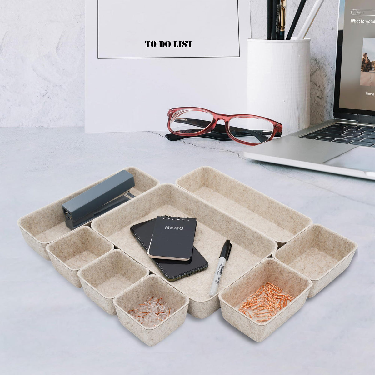 Welaxy 8pc Nordic Felt Desk Drawer Organizer Tray Beige Oatmeal Storage Bin